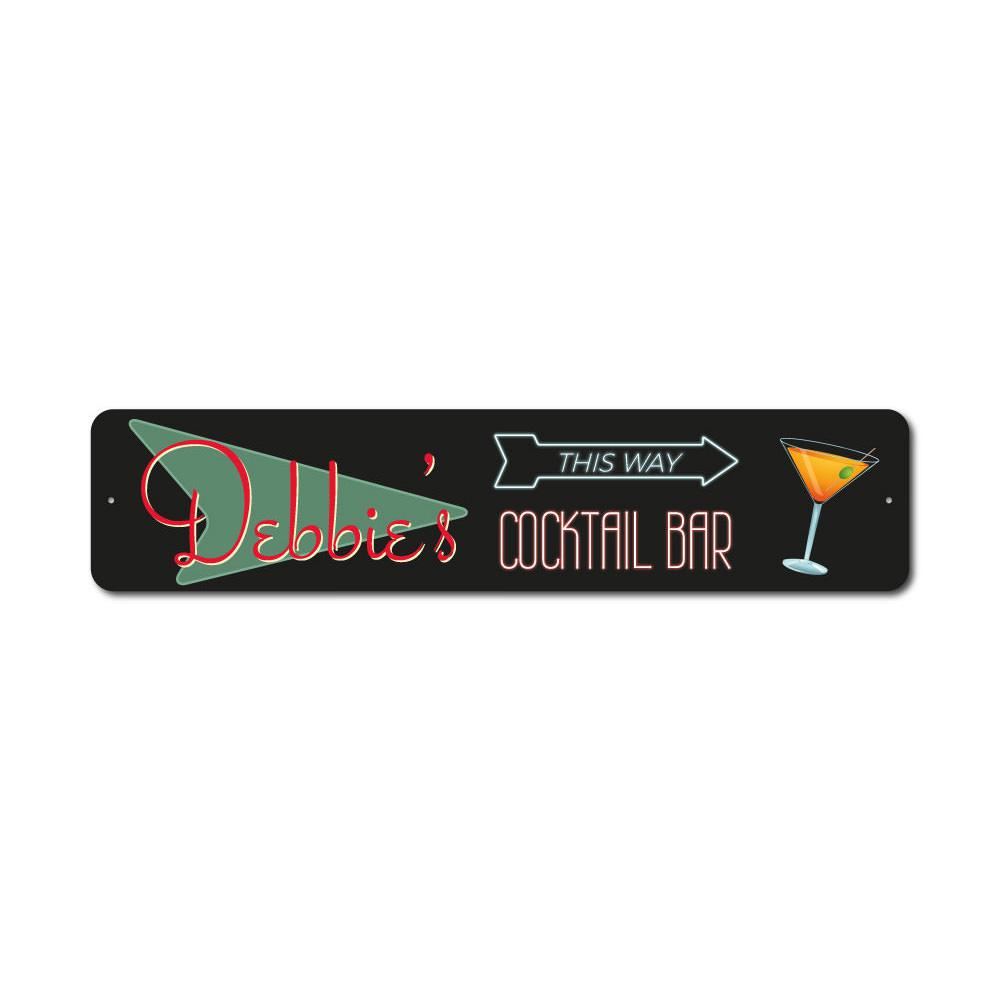 A stylish Home Cocktail Bar Sign made of high-quality aluminum, featuring customizable text and pre-drilled holes for easy mounting.