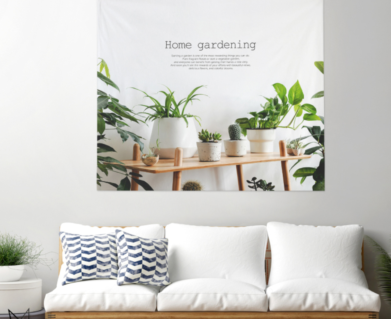 Home Gardening fabric poster measuring 150cm x 130cm, featuring a unique and modern design with vibrant colors.