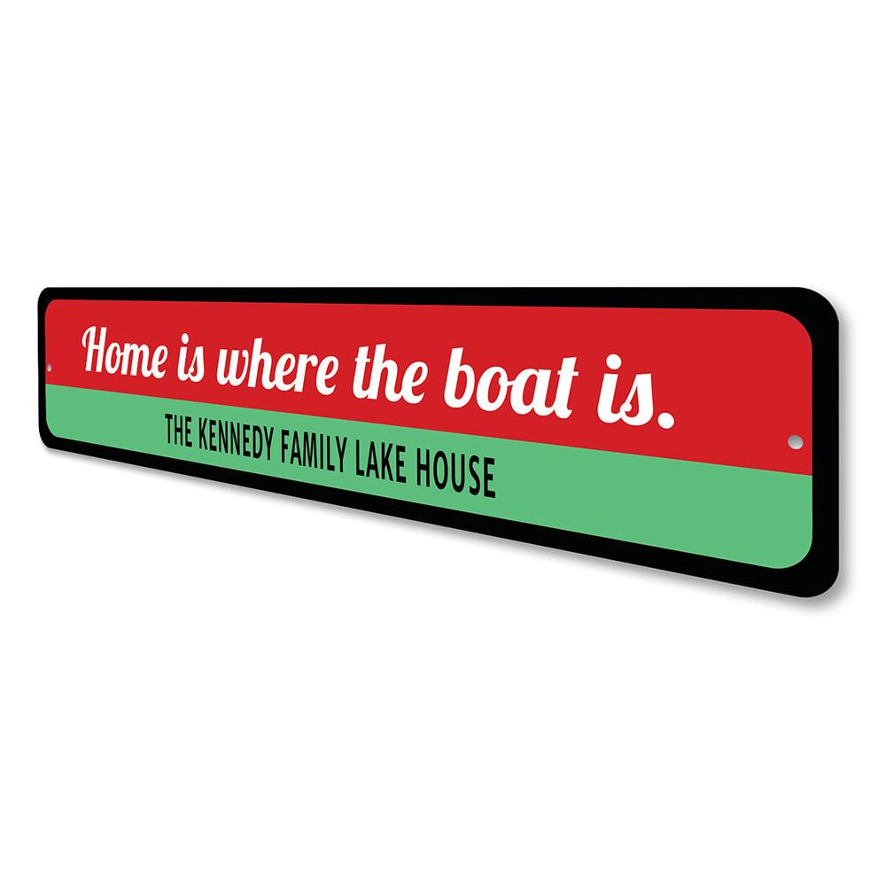 Home Is Where Boat Is Sign made of durable aluminum, featuring customizable text for a personalized touch, perfect for lakehouse decor.