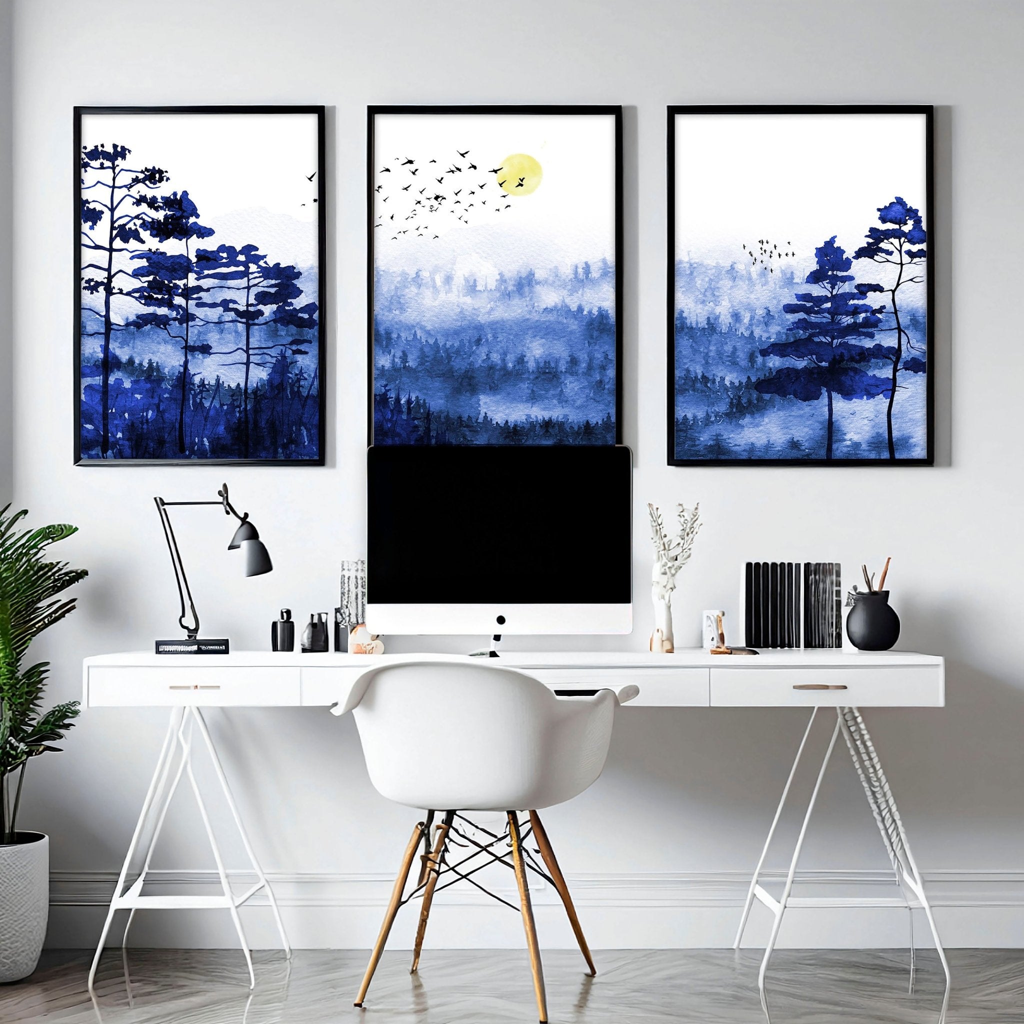 Set of 3 wall art prints featuring vibrant Scandinavian forest landscapes in bold blue tones, perfect for home office decor.