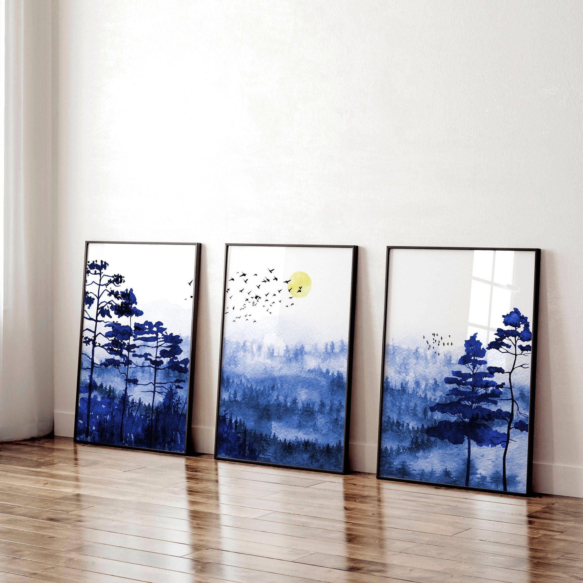 Set of 3 wall art prints featuring vibrant Scandinavian forest landscapes in bold blue tones, perfect for home office decor.