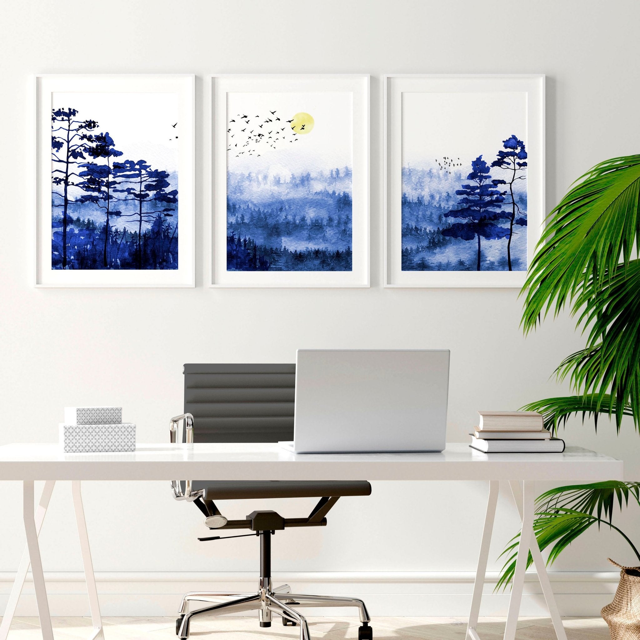 Set of 3 wall art prints featuring vibrant Scandinavian forest landscapes in bold blue tones, perfect for home office decor.