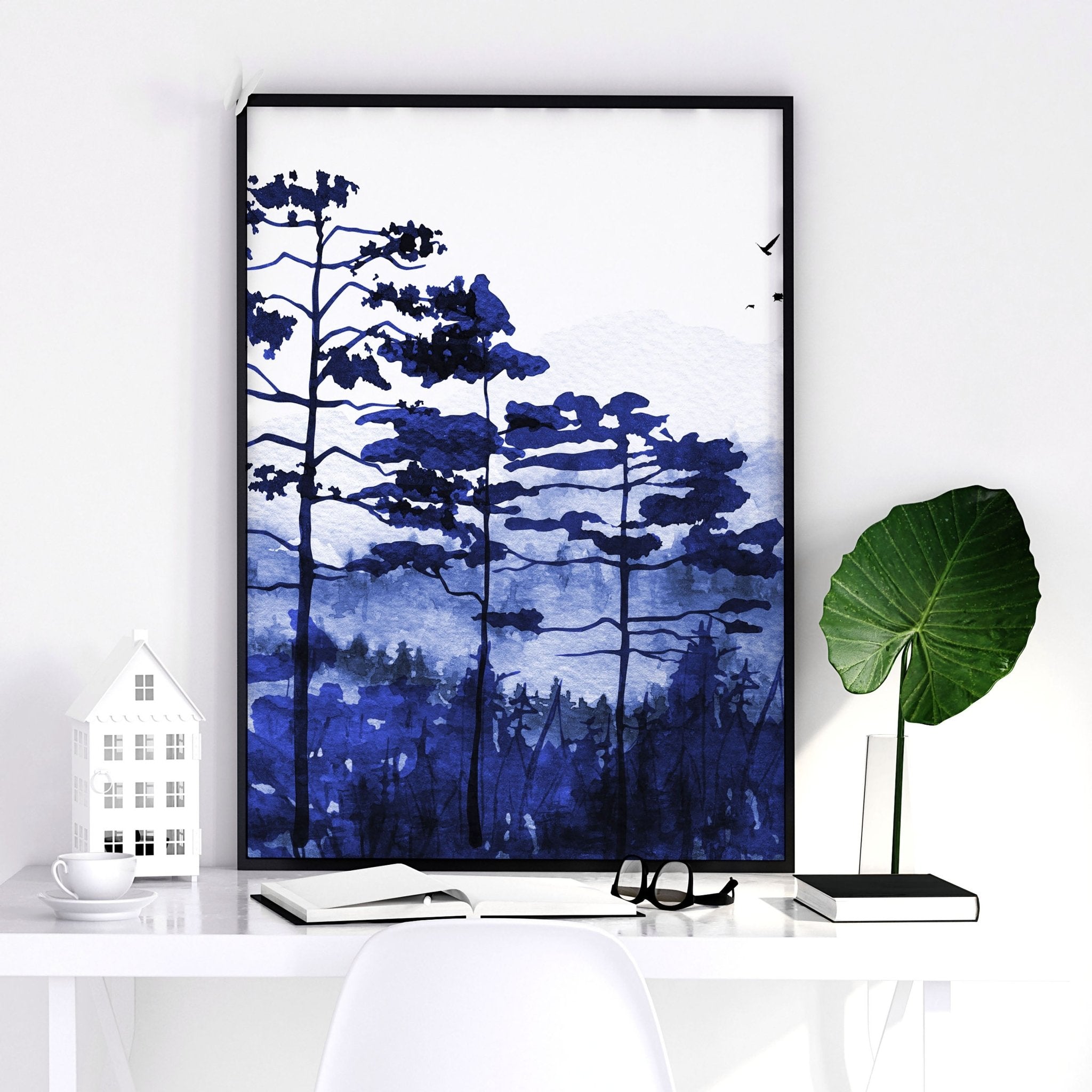 Set of 3 wall art prints featuring vibrant Scandinavian forest landscapes in bold blue tones, perfect for home office decor.