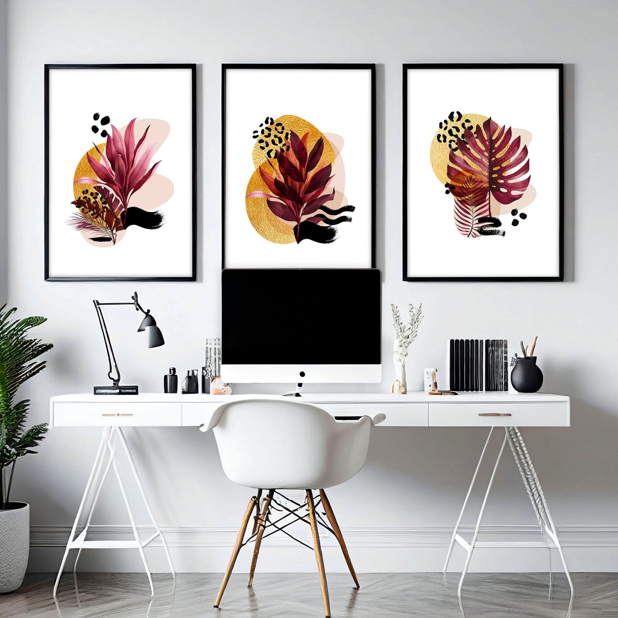 Set of 3 framed wall art prints featuring vibrant botanical designs in burgundy, black, and gold tones, perfect for home office decor.