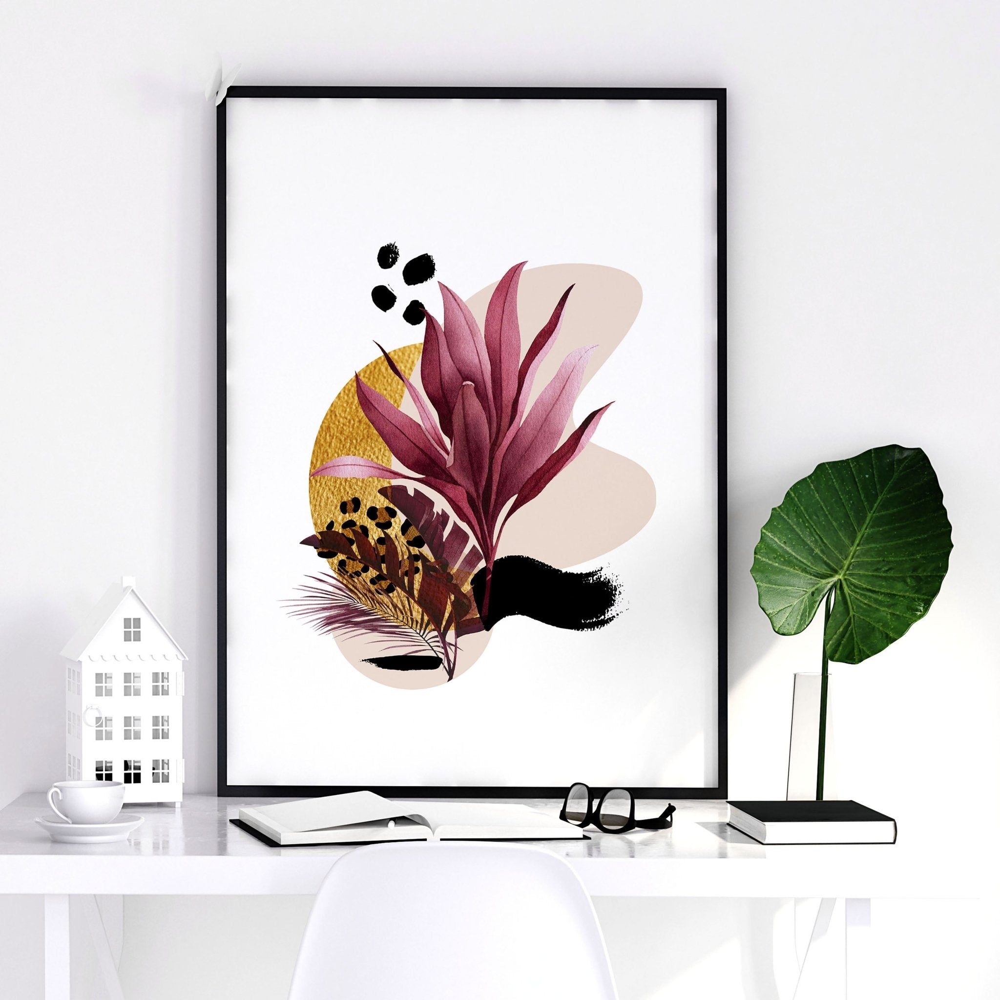 Set of 3 framed wall art prints featuring vibrant botanical designs in burgundy, black, and gold tones, perfect for home office decor.