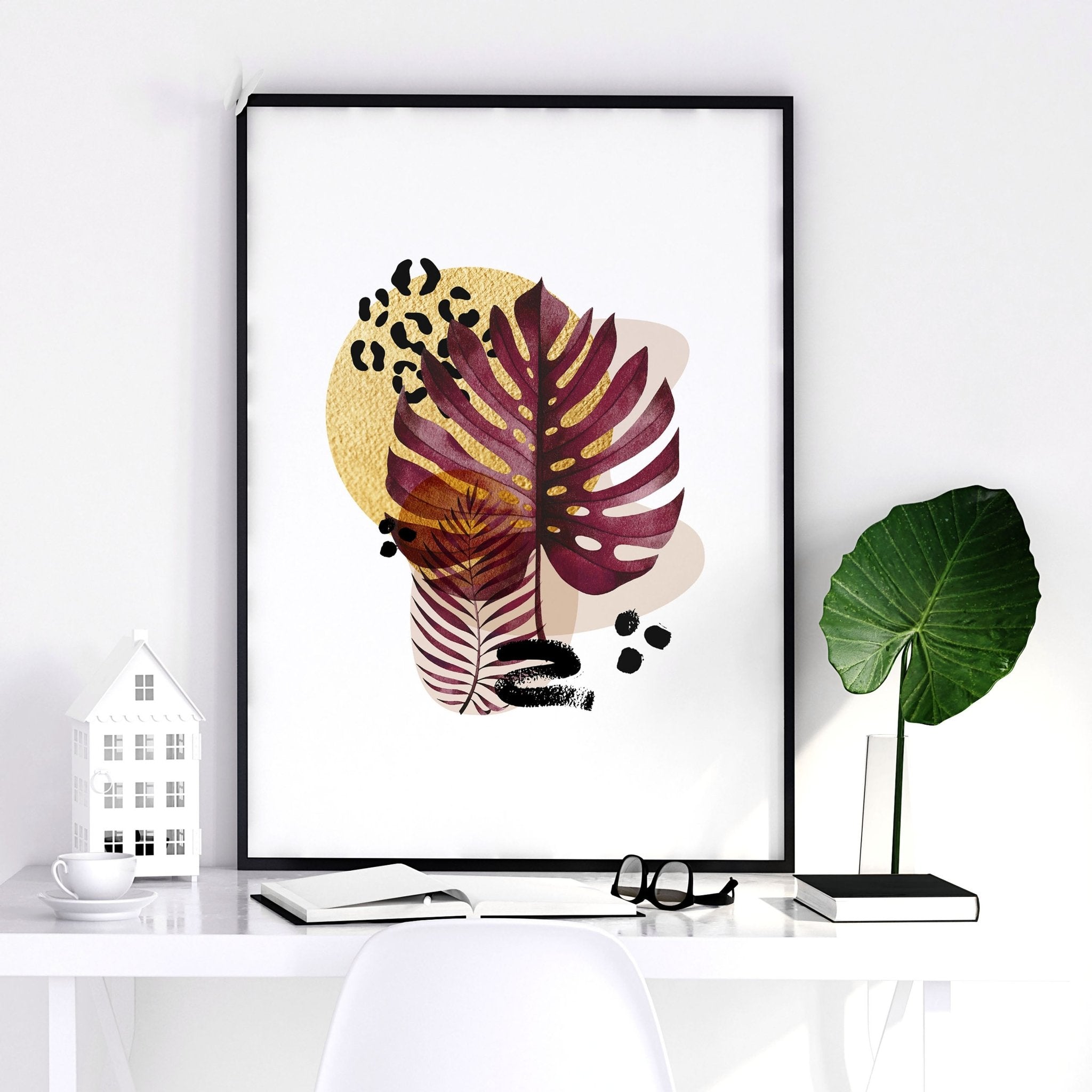 Set of 3 framed wall art prints featuring vibrant botanical designs in burgundy, black, and gold tones, perfect for home office decor.