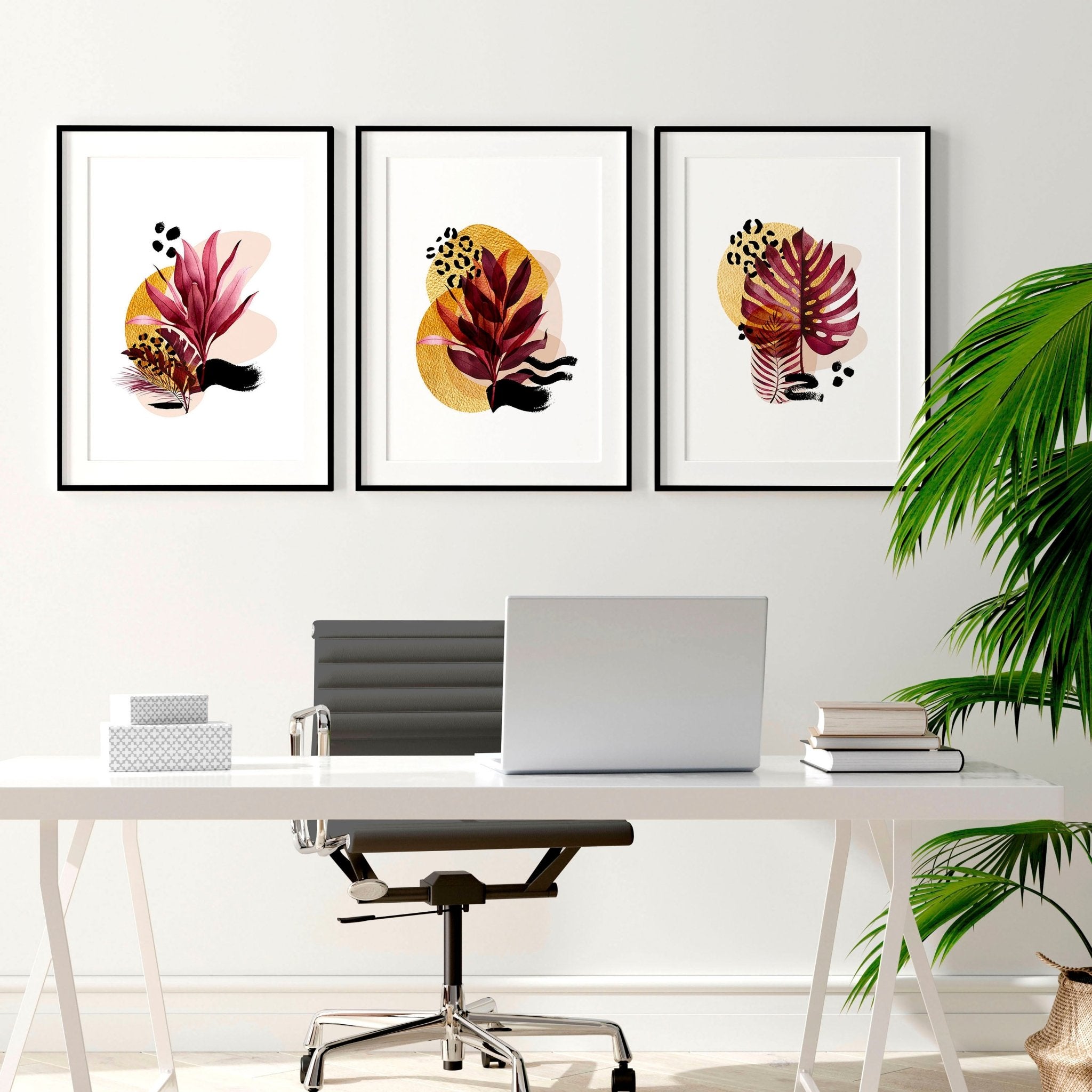 Set of 3 framed wall art prints featuring vibrant botanical designs in burgundy, black, and gold tones, perfect for home office decor.