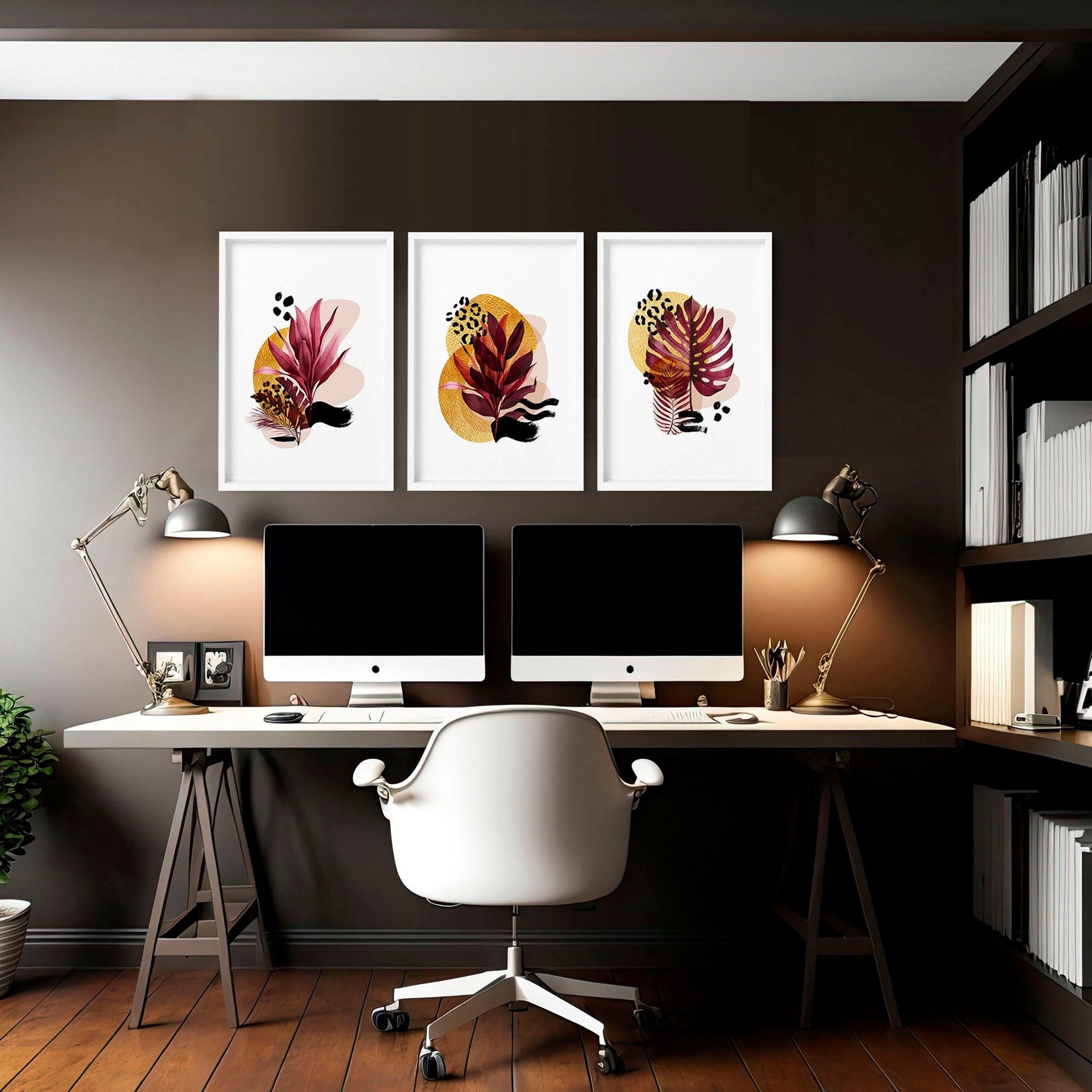 Set of 3 framed wall art prints featuring vibrant botanical designs in burgundy, black, and gold tones, perfect for home office decor.