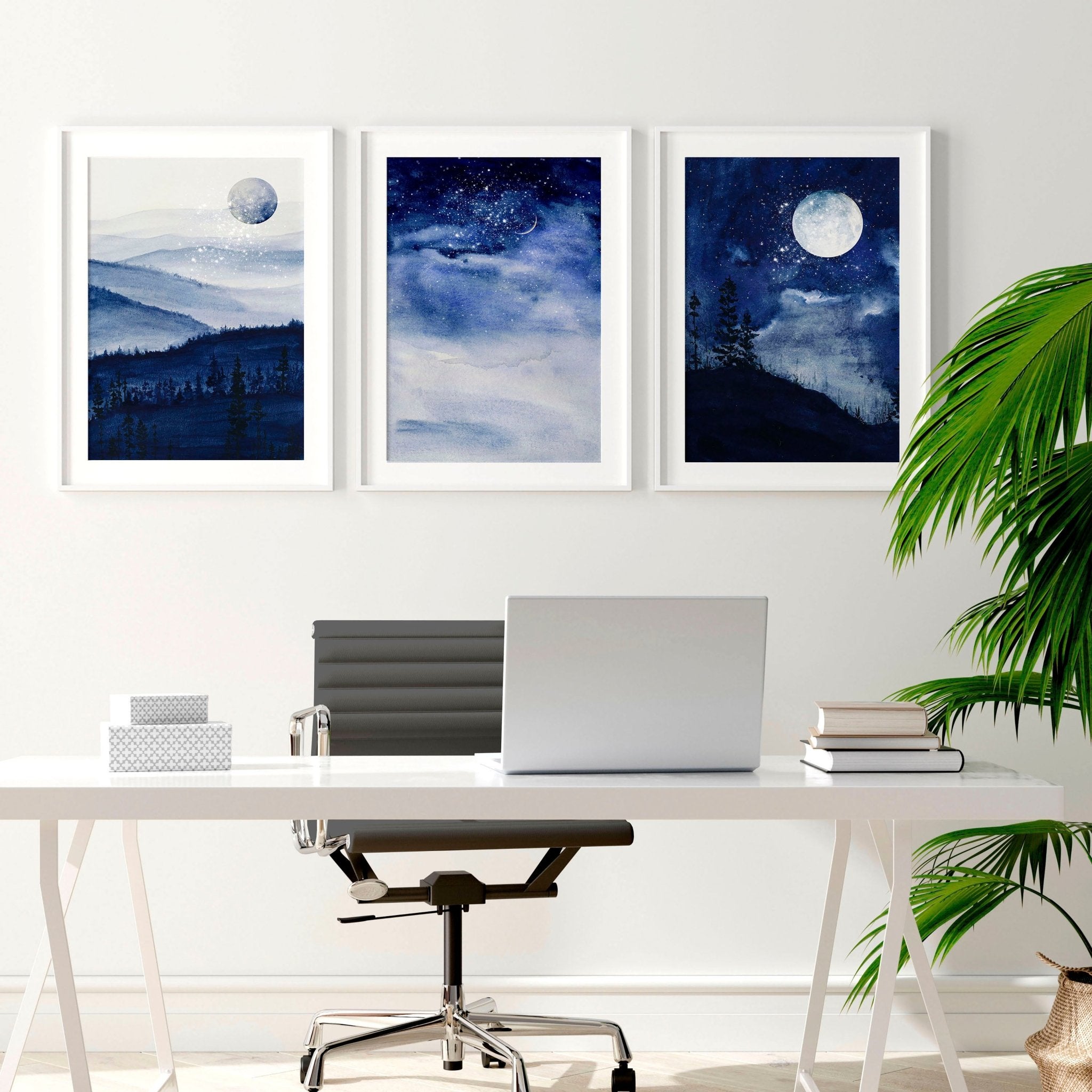 Set of 3 framed wall art prints featuring dark blue Starry Night designs, perfect for home office decor.