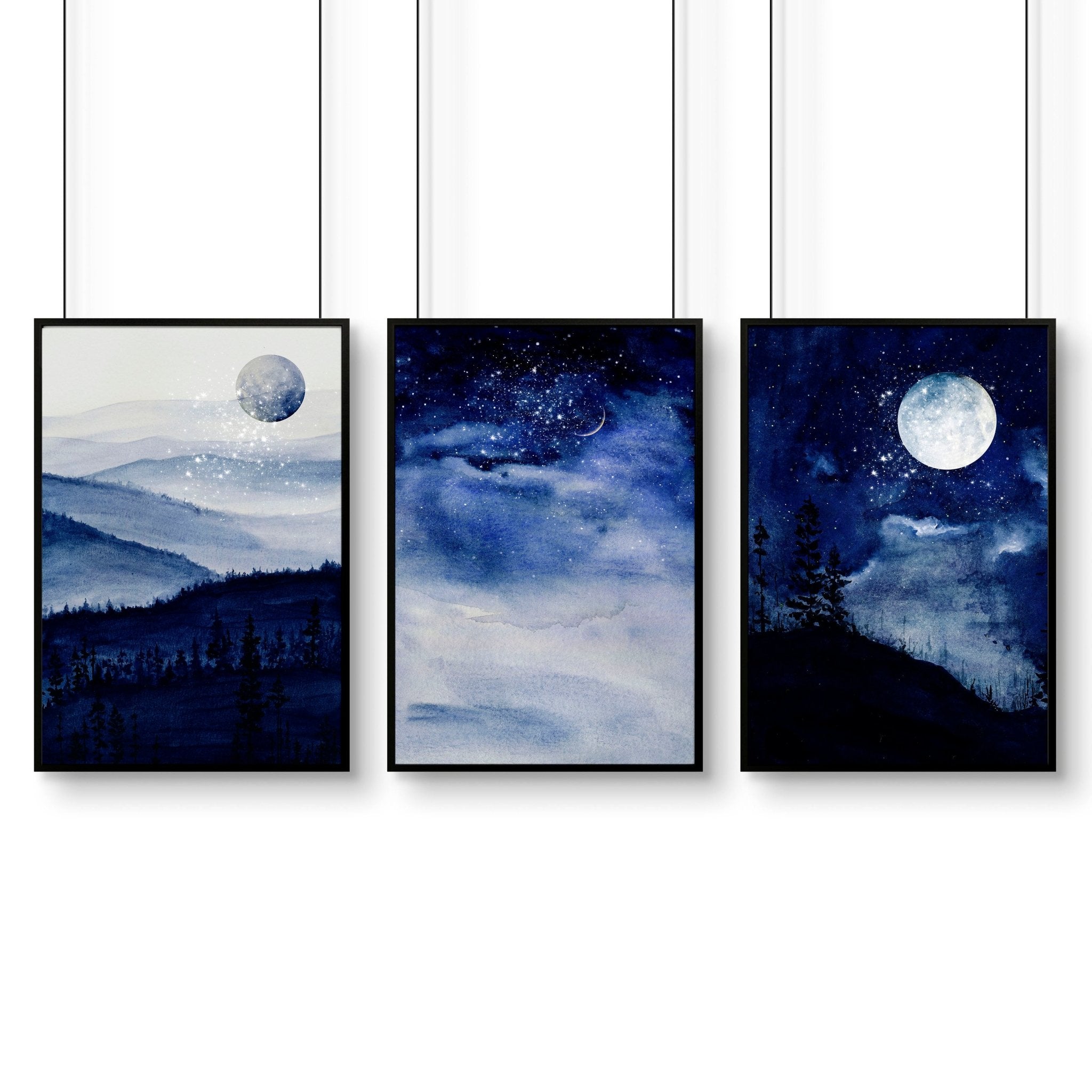 Set of 3 framed wall art prints featuring dark blue Starry Night designs, perfect for home office decor.