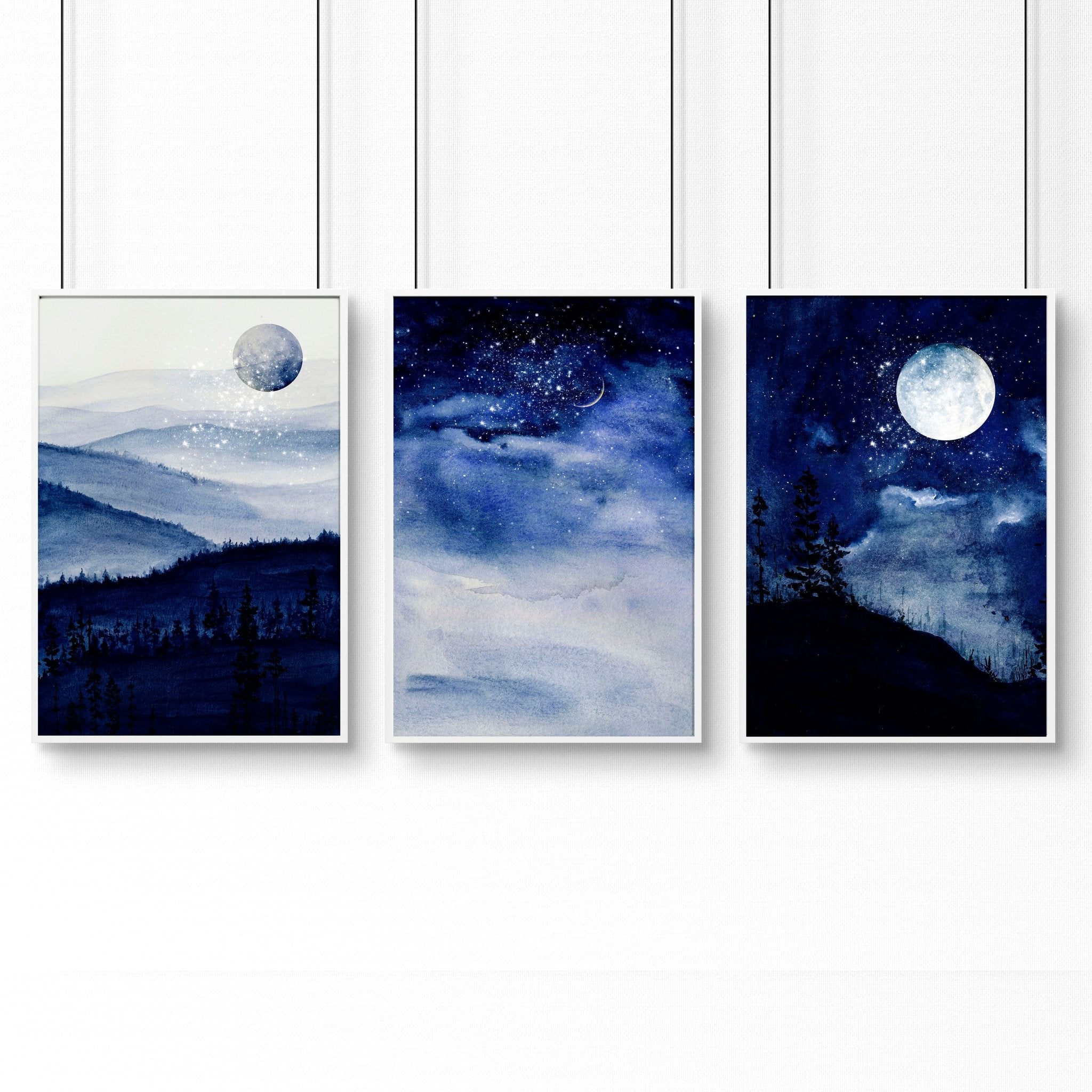 Set of 3 framed wall art prints featuring dark blue Starry Night designs, perfect for home office decor.