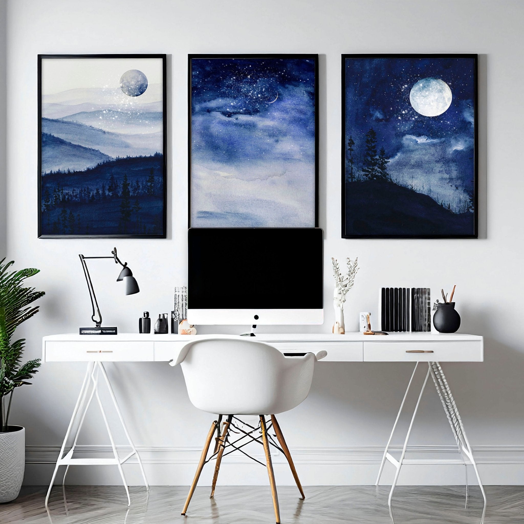 Set of 3 framed wall art prints featuring dark blue Starry Night designs, perfect for home office decor.