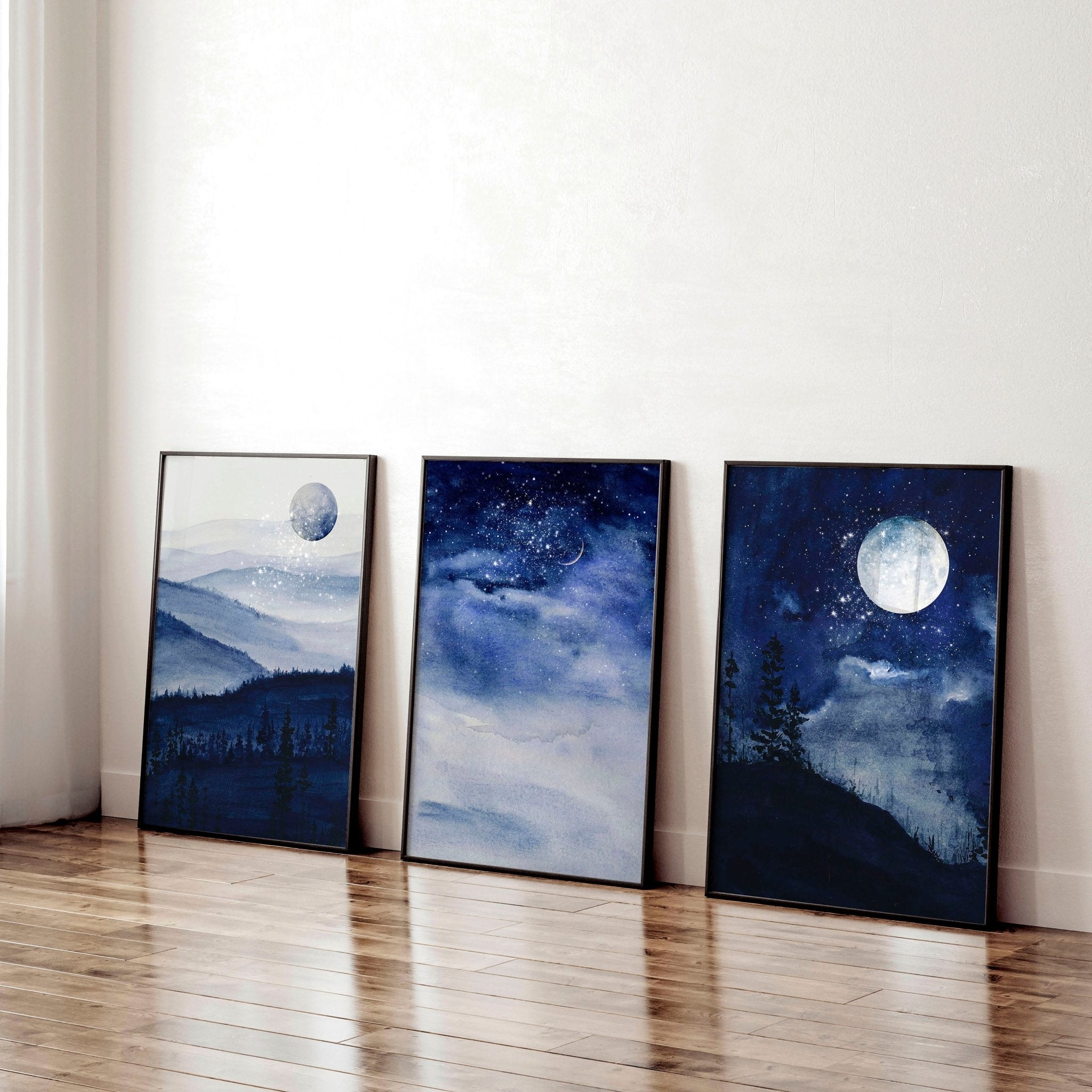 Set of 3 framed wall art prints featuring dark blue Starry Night designs, perfect for home office decor.