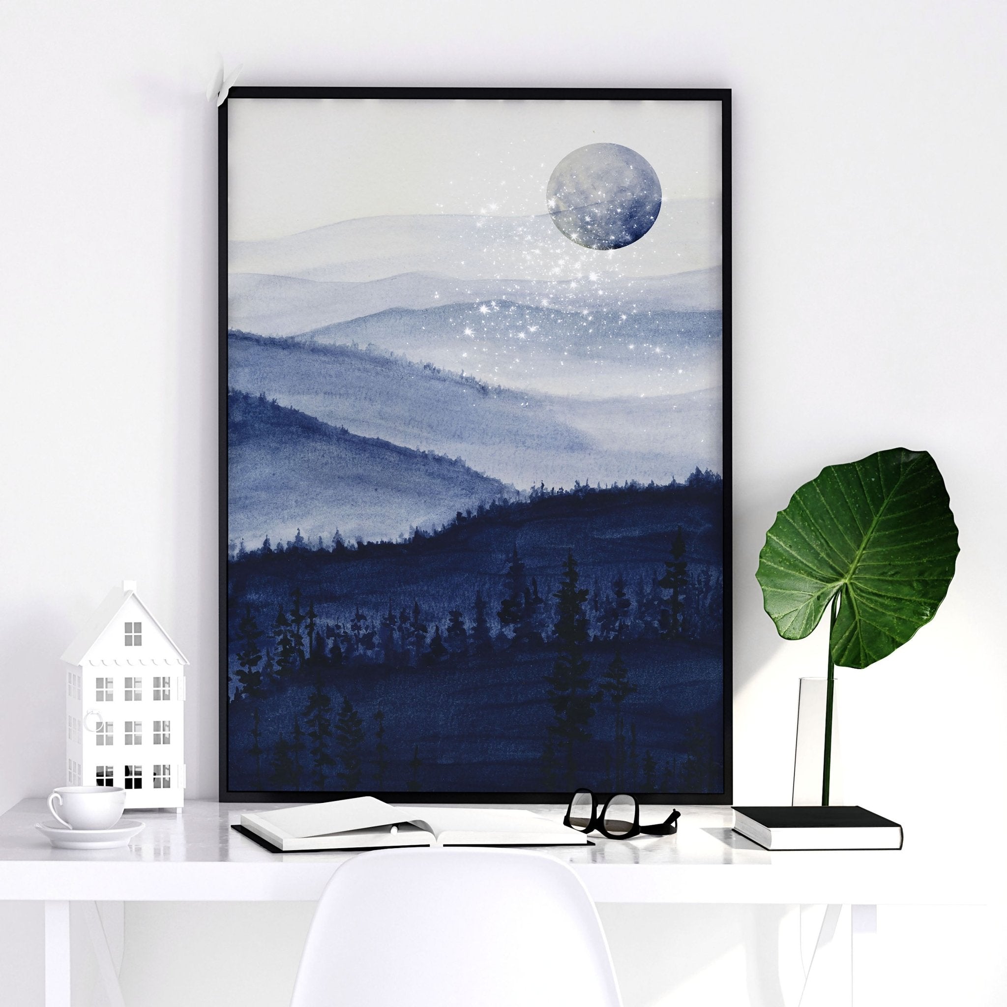 Set of 3 framed wall art prints featuring dark blue Starry Night designs, perfect for home office decor.