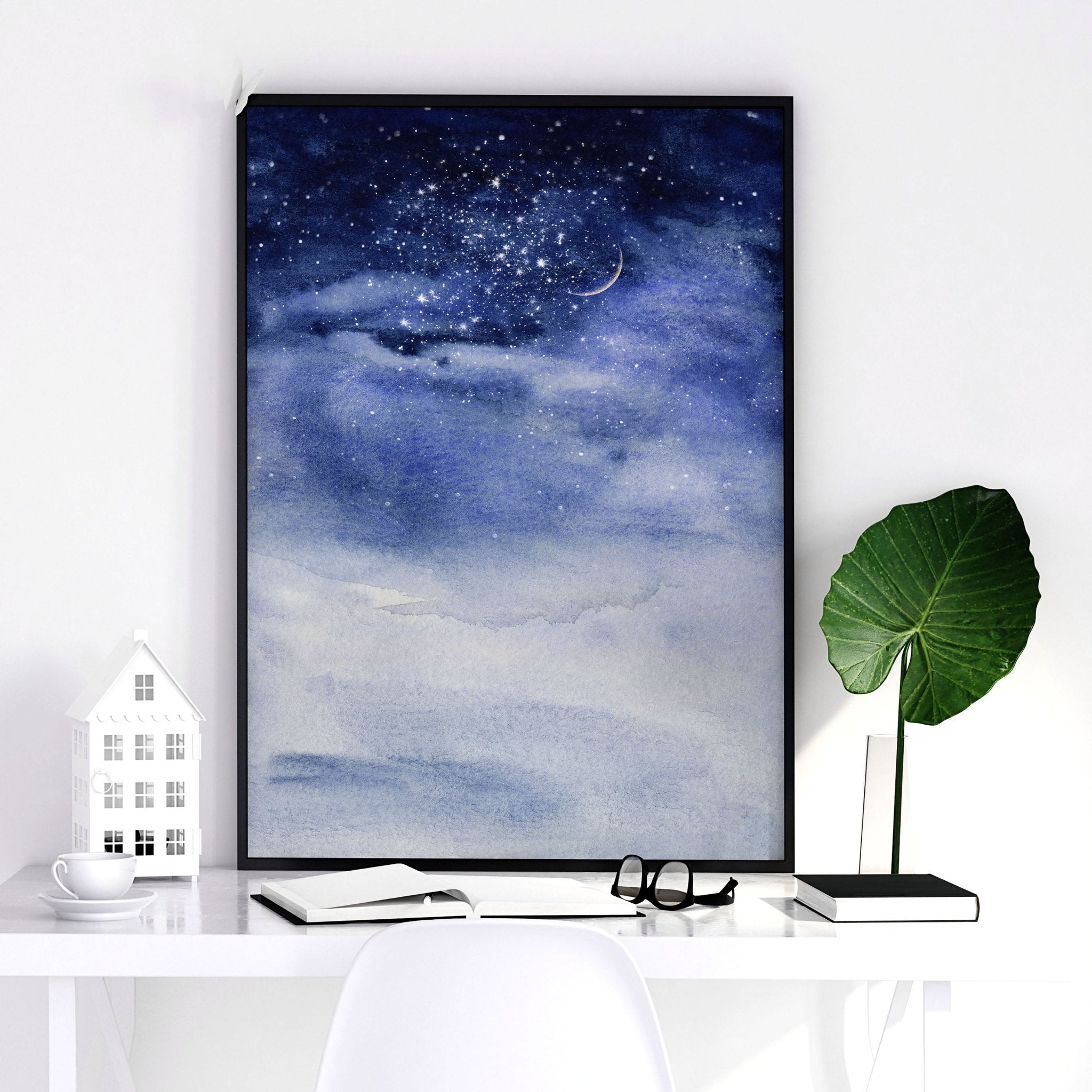 Set of 3 framed wall art prints featuring dark blue Starry Night designs, perfect for home office decor.