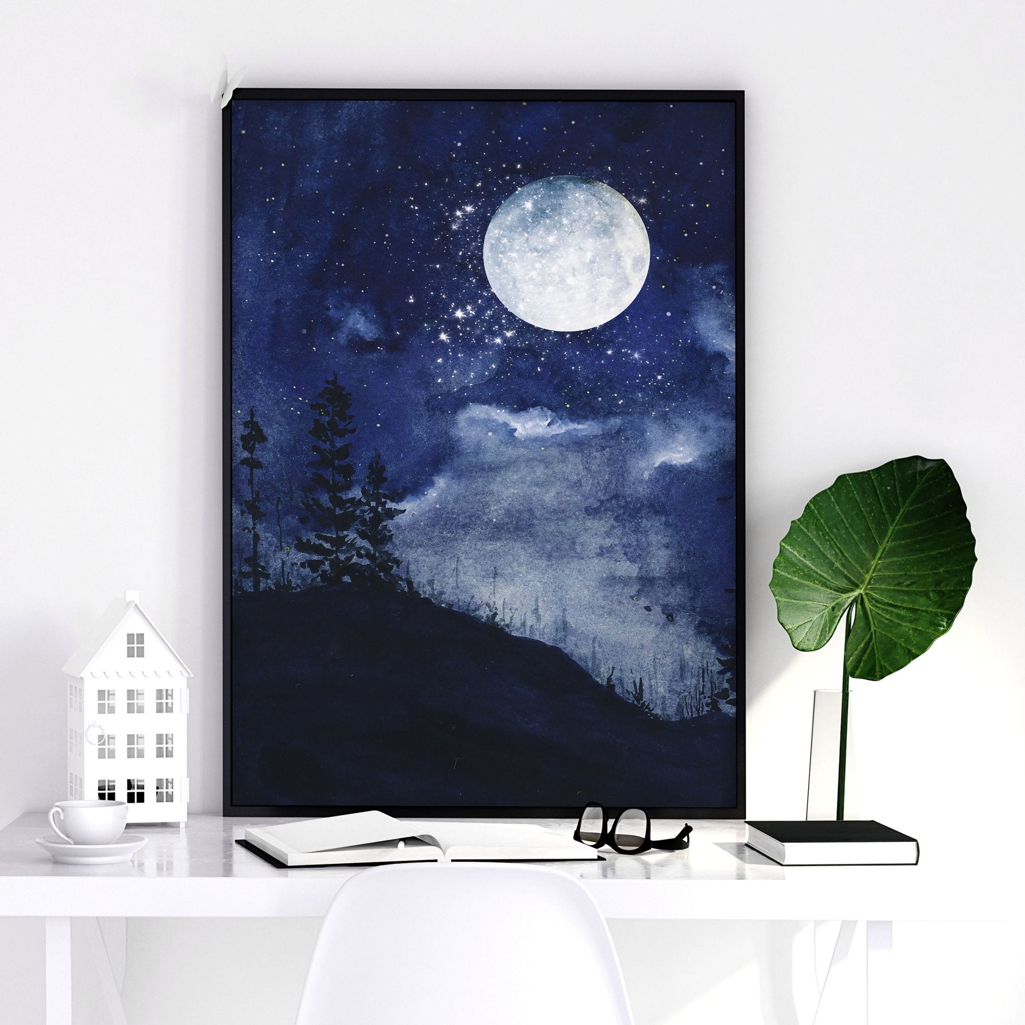 Set of 3 framed wall art prints featuring dark blue Starry Night designs, perfect for home office decor.