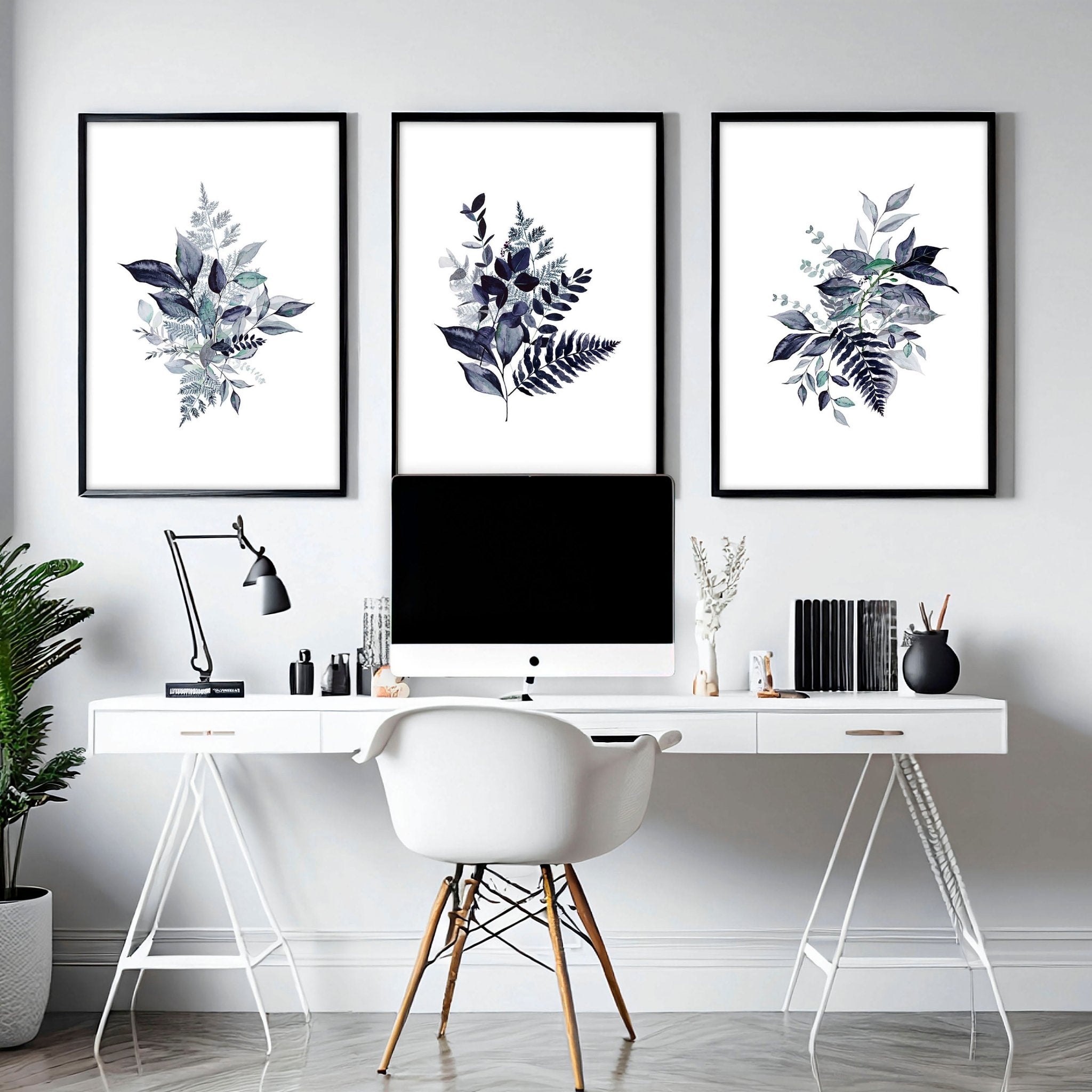 Set of 3 botanical wall art prints in blue and emerald green, designed for home office decor.