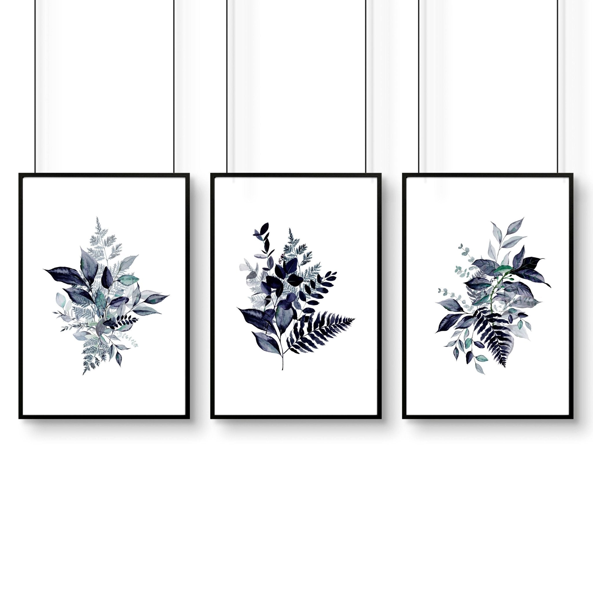 Set of 3 botanical wall art prints in blue and emerald green, designed for home office decor.