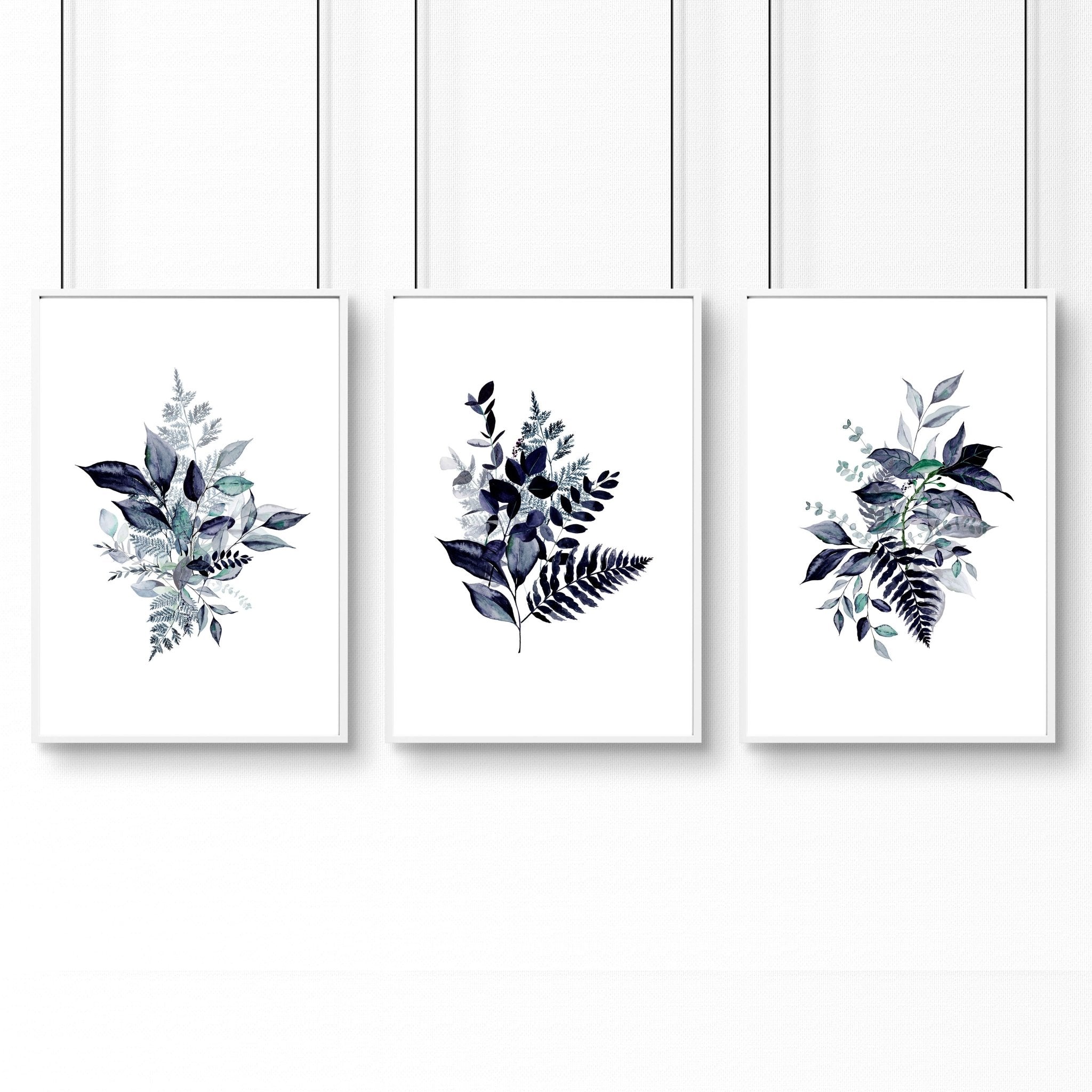 Set of 3 botanical wall art prints in blue and emerald green, designed for home office decor.