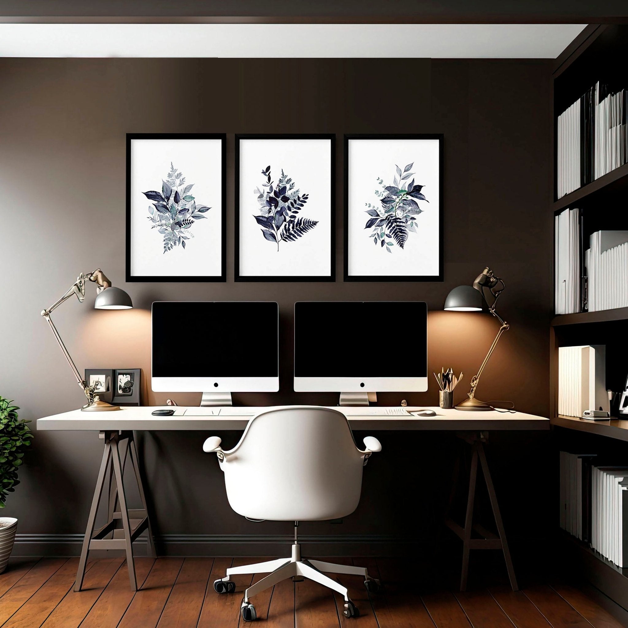 Set of 3 botanical wall art prints in blue and emerald green, designed for home office decor.