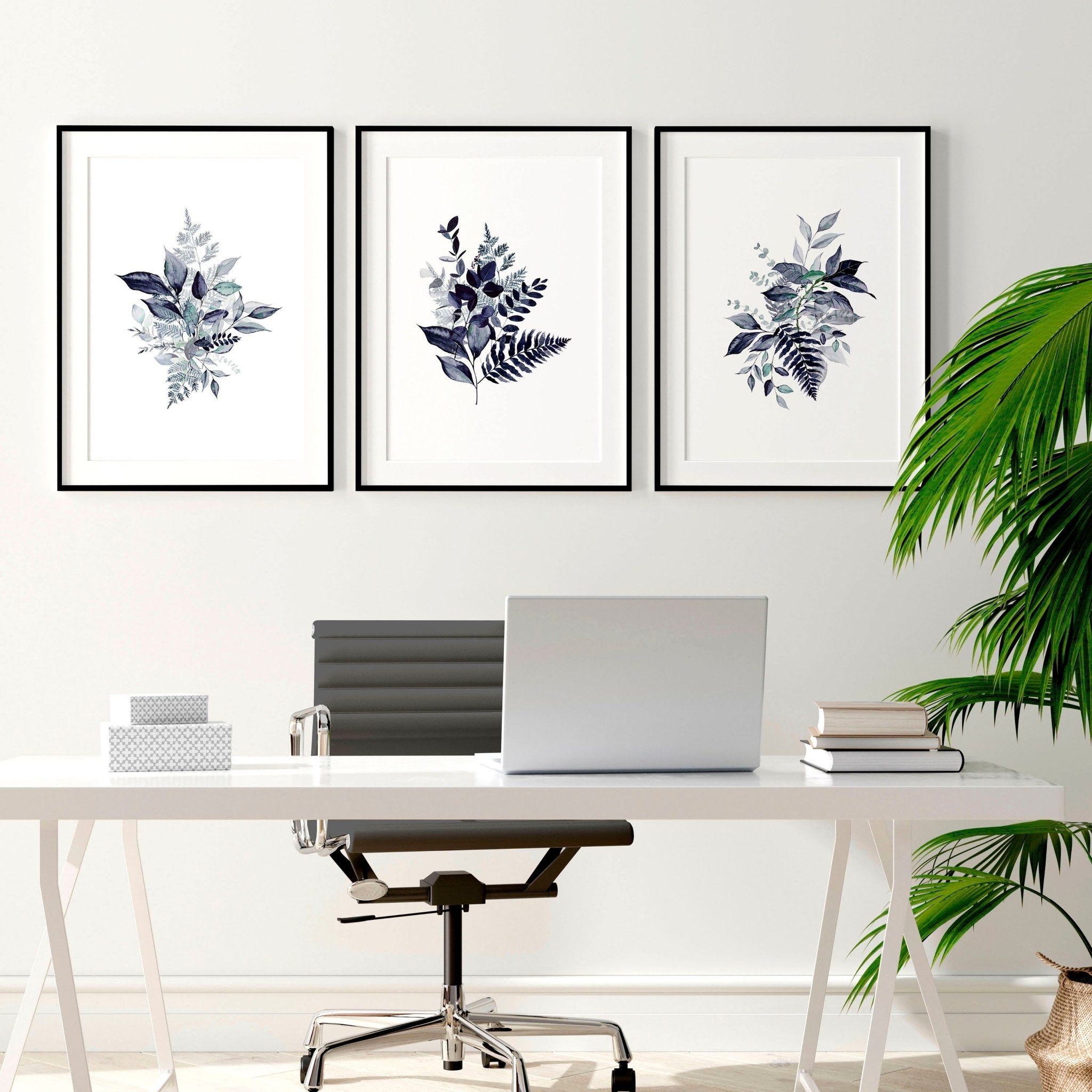 Set of 3 botanical wall art prints in blue and emerald green, designed for home office decor.