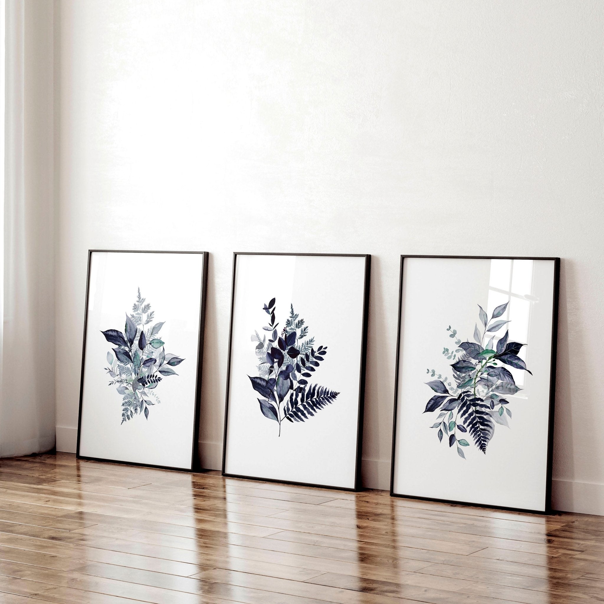 Set of 3 botanical wall art prints in blue and emerald green, designed for home office decor.