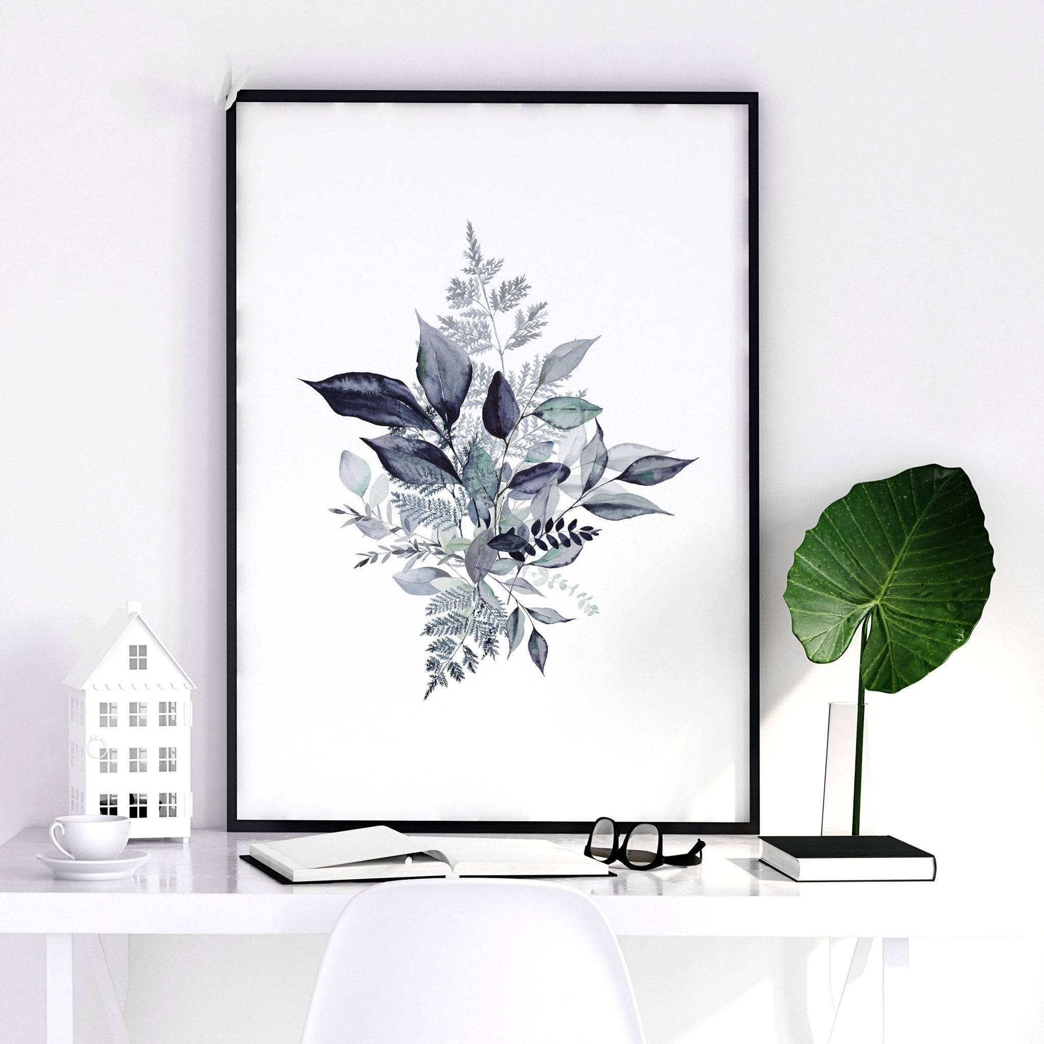 Set of 3 botanical wall art prints in blue and emerald green, designed for home office decor.