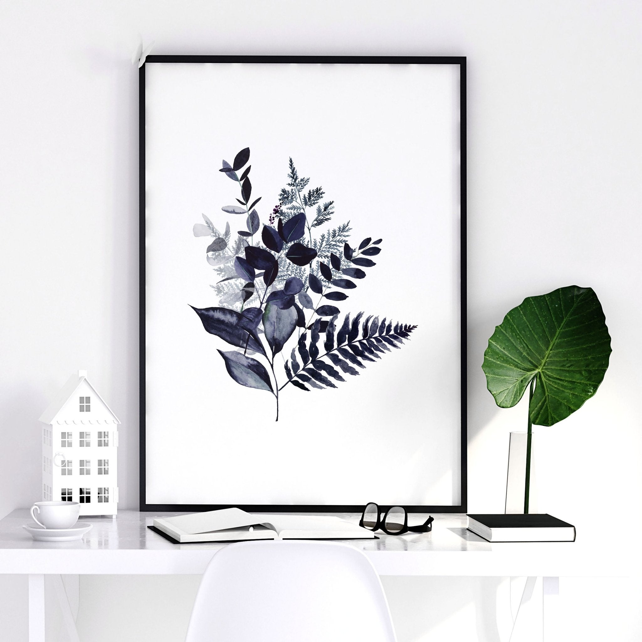 Set of 3 botanical wall art prints in blue and emerald green, designed for home office decor.