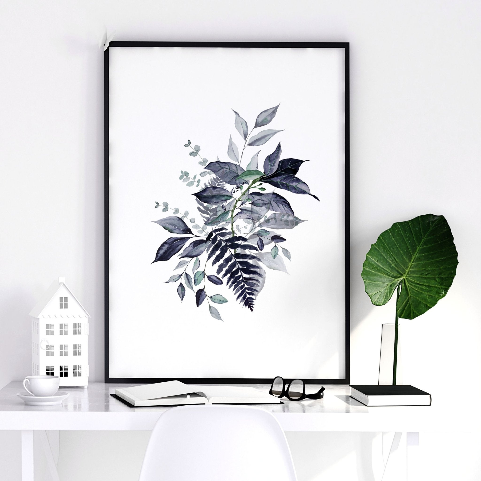 Set of 3 botanical wall art prints in blue and emerald green, designed for home office decor.