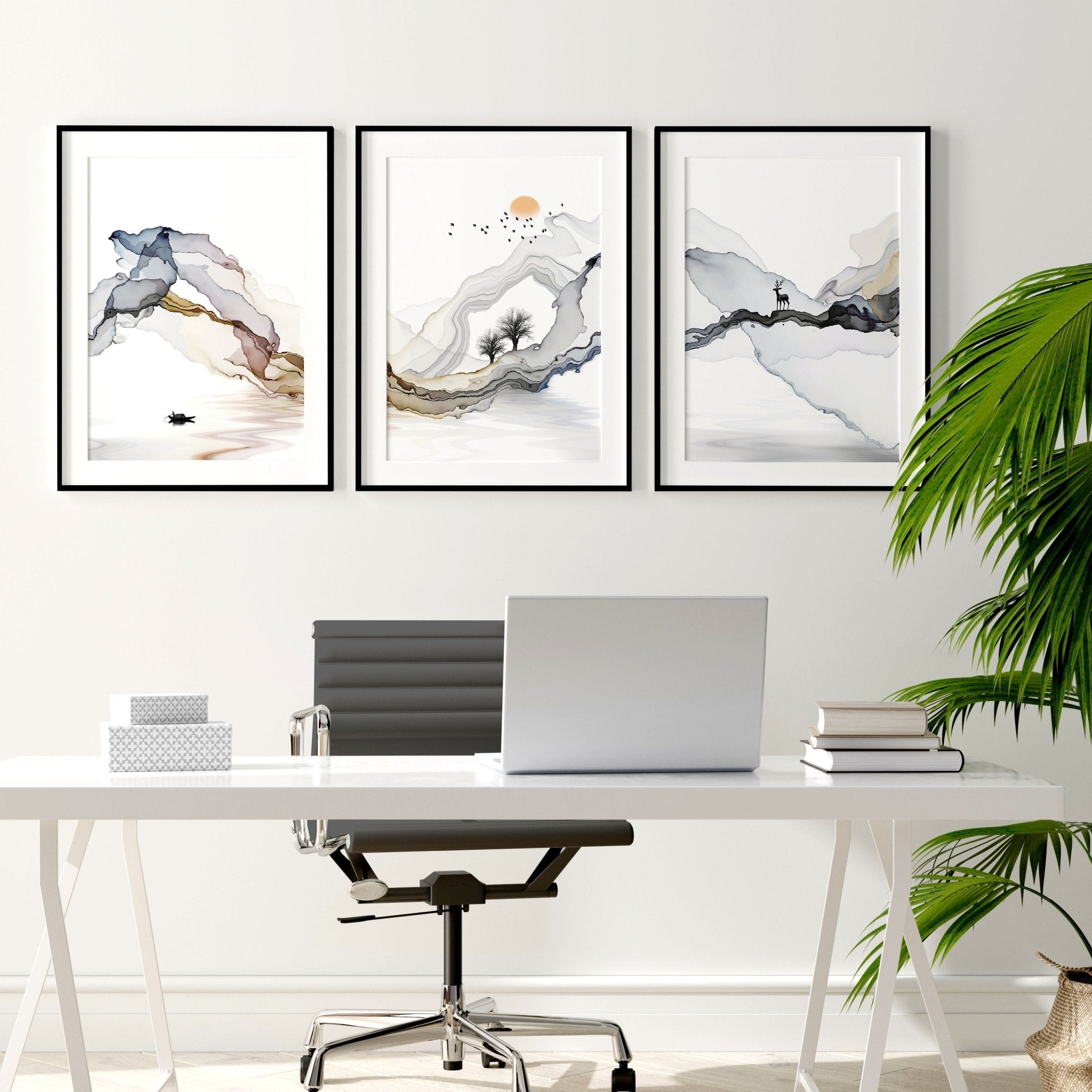 Set of 3 framed wall art prints featuring serene Japanese sunset landscapes in earthy tones and black accents, perfect for home office decor.