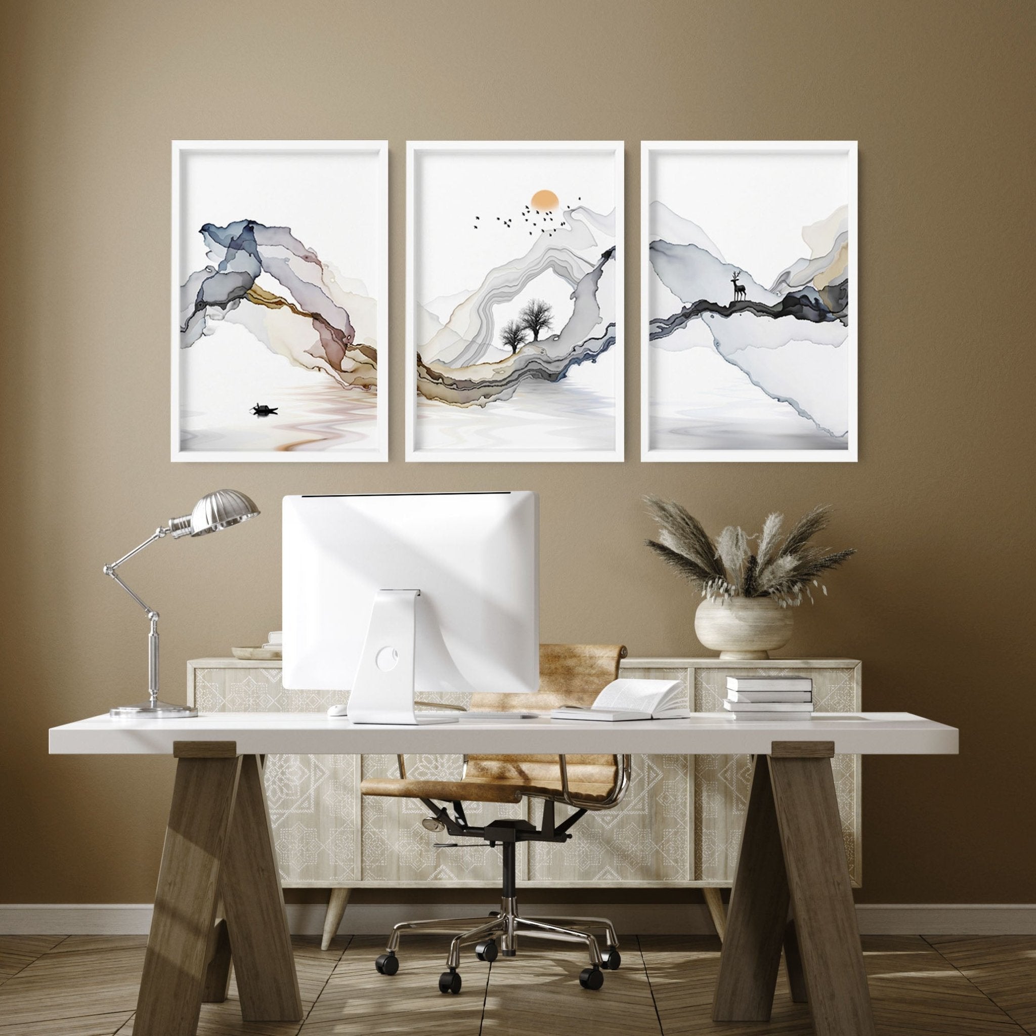 Set of 3 framed wall art prints featuring serene Japanese sunset landscapes in earthy tones and black accents, perfect for home office decor.