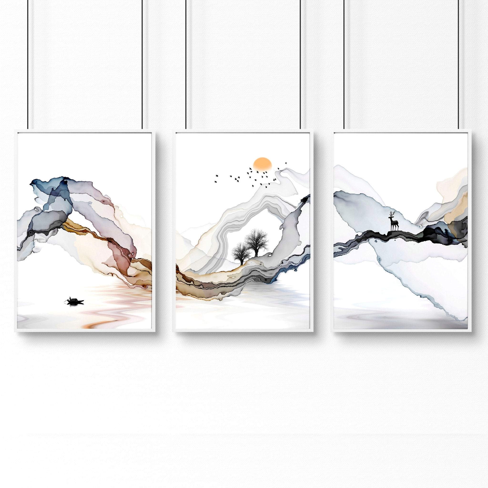 Set of 3 framed wall art prints featuring serene Japanese sunset landscapes in earthy tones and black accents, perfect for home office decor.