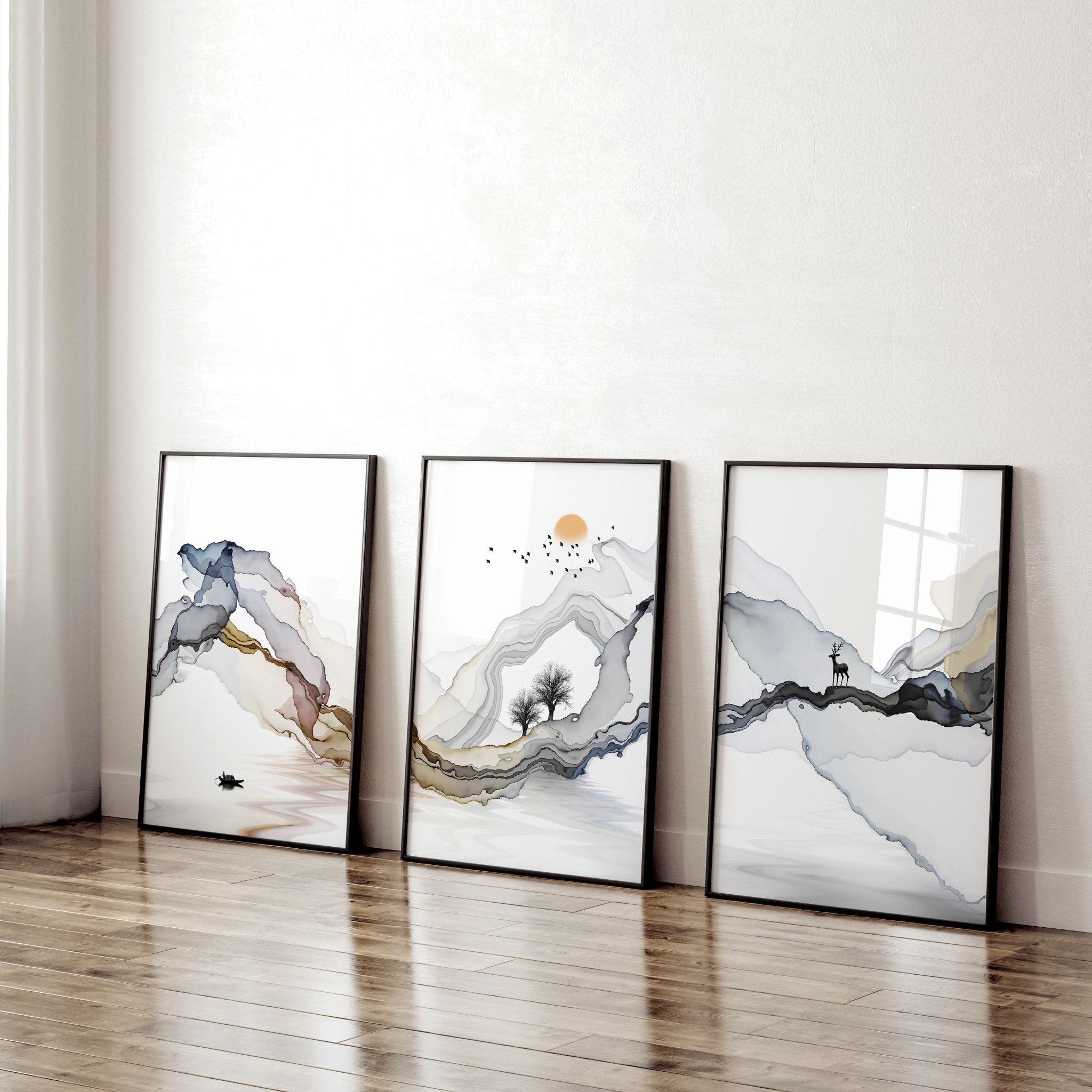 Set of 3 framed wall art prints featuring serene Japanese sunset landscapes in earthy tones and black accents, perfect for home office decor.