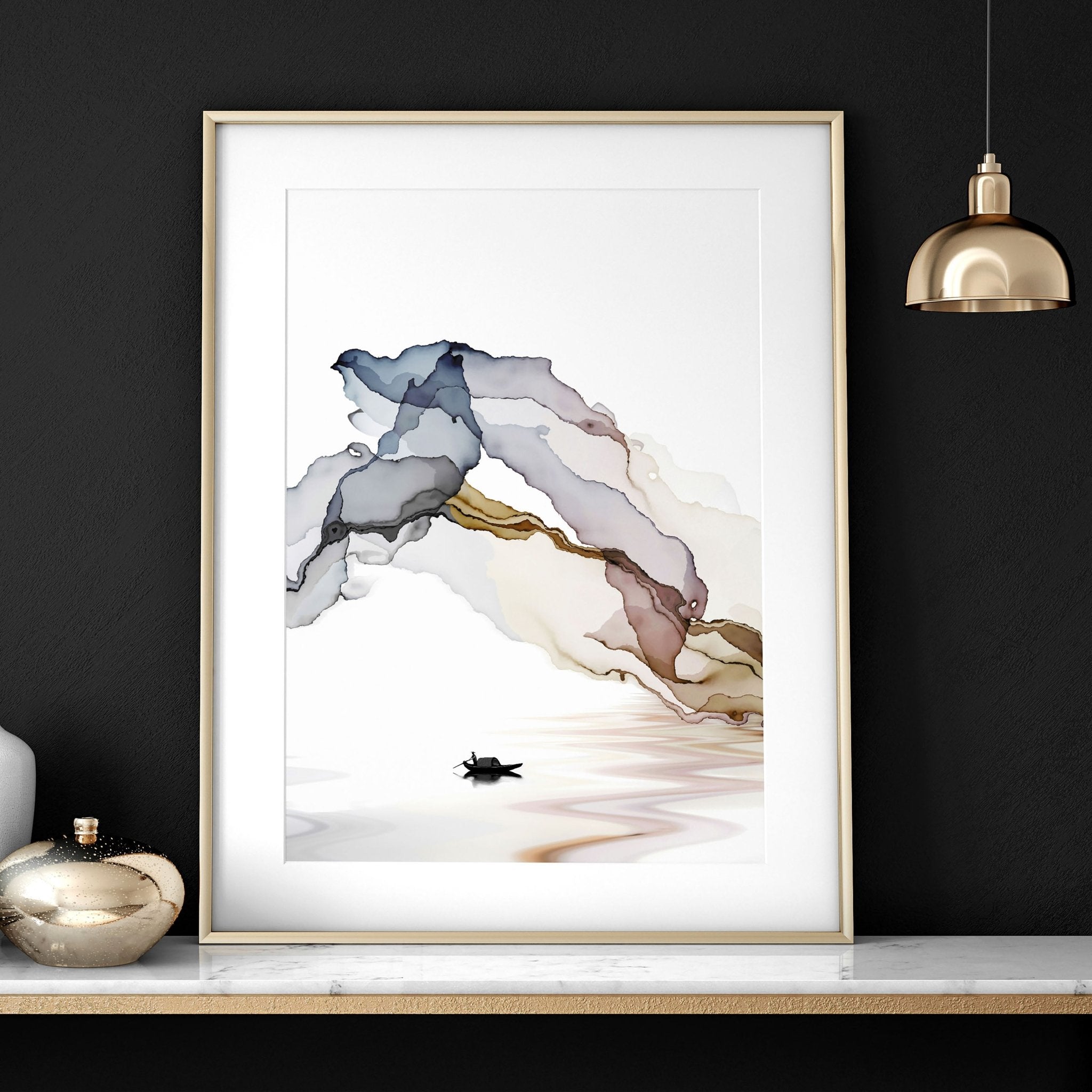 Set of 3 framed wall art prints featuring serene Japanese sunset landscapes in earthy tones and black accents, perfect for home office decor.