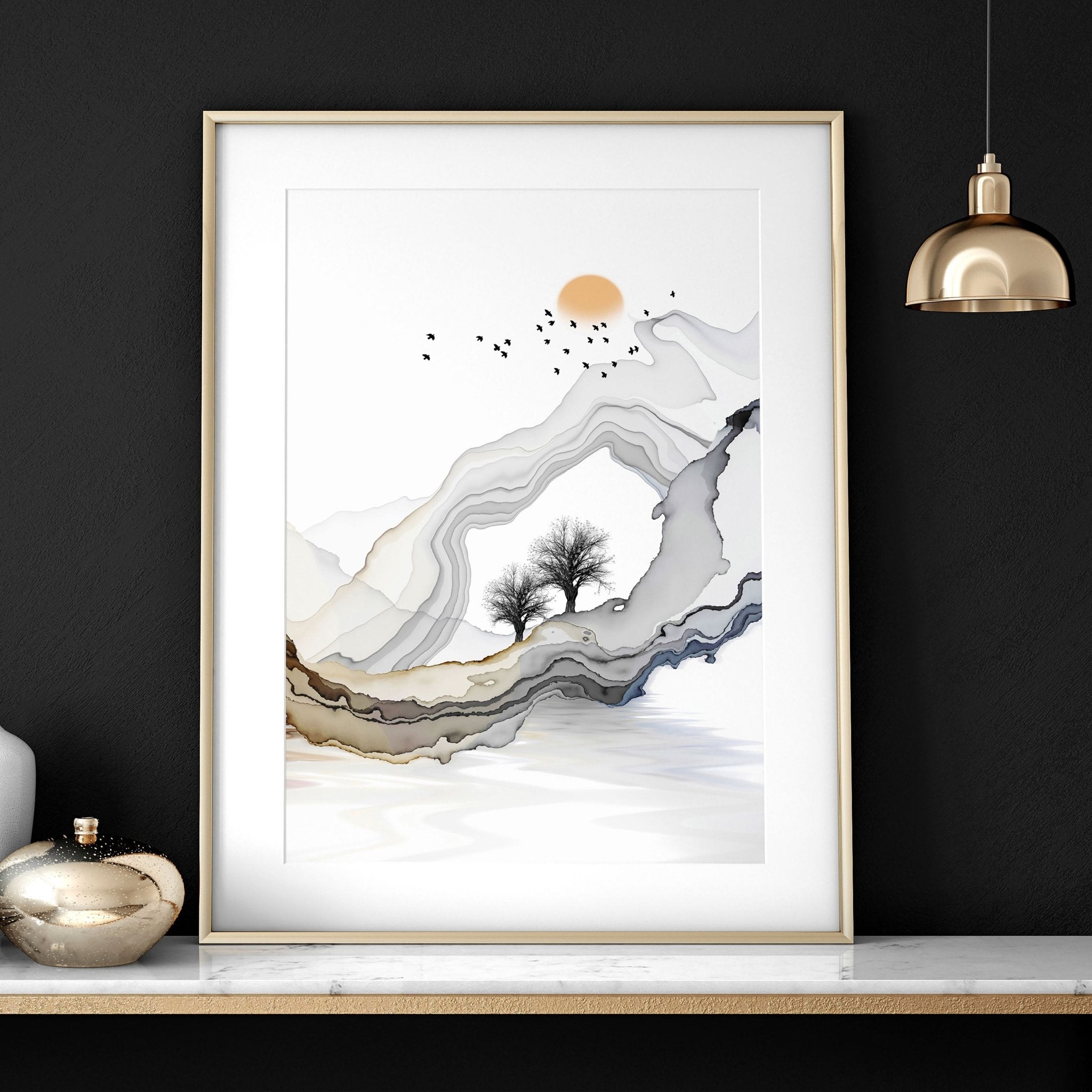 Set of 3 framed wall art prints featuring serene Japanese sunset landscapes in earthy tones and black accents, perfect for home office decor.