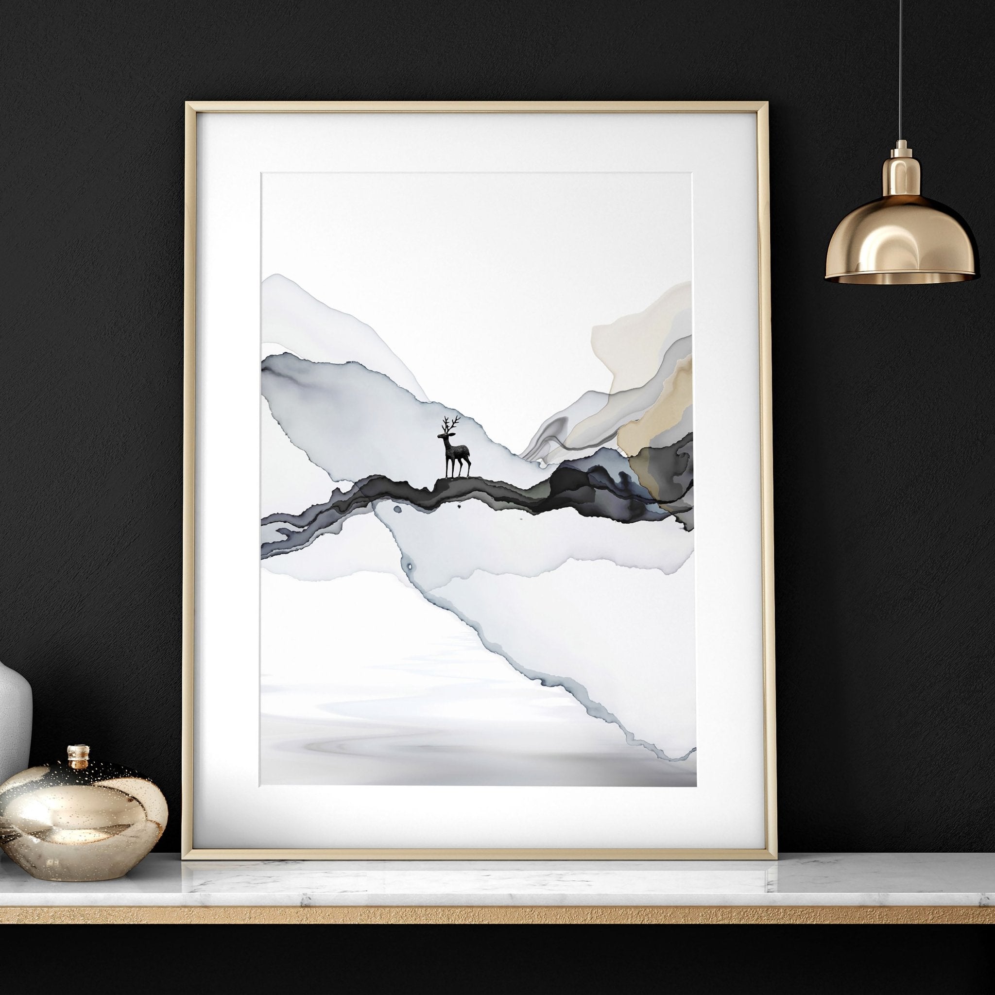 Set of 3 framed wall art prints featuring serene Japanese sunset landscapes in earthy tones and black accents, perfect for home office decor.