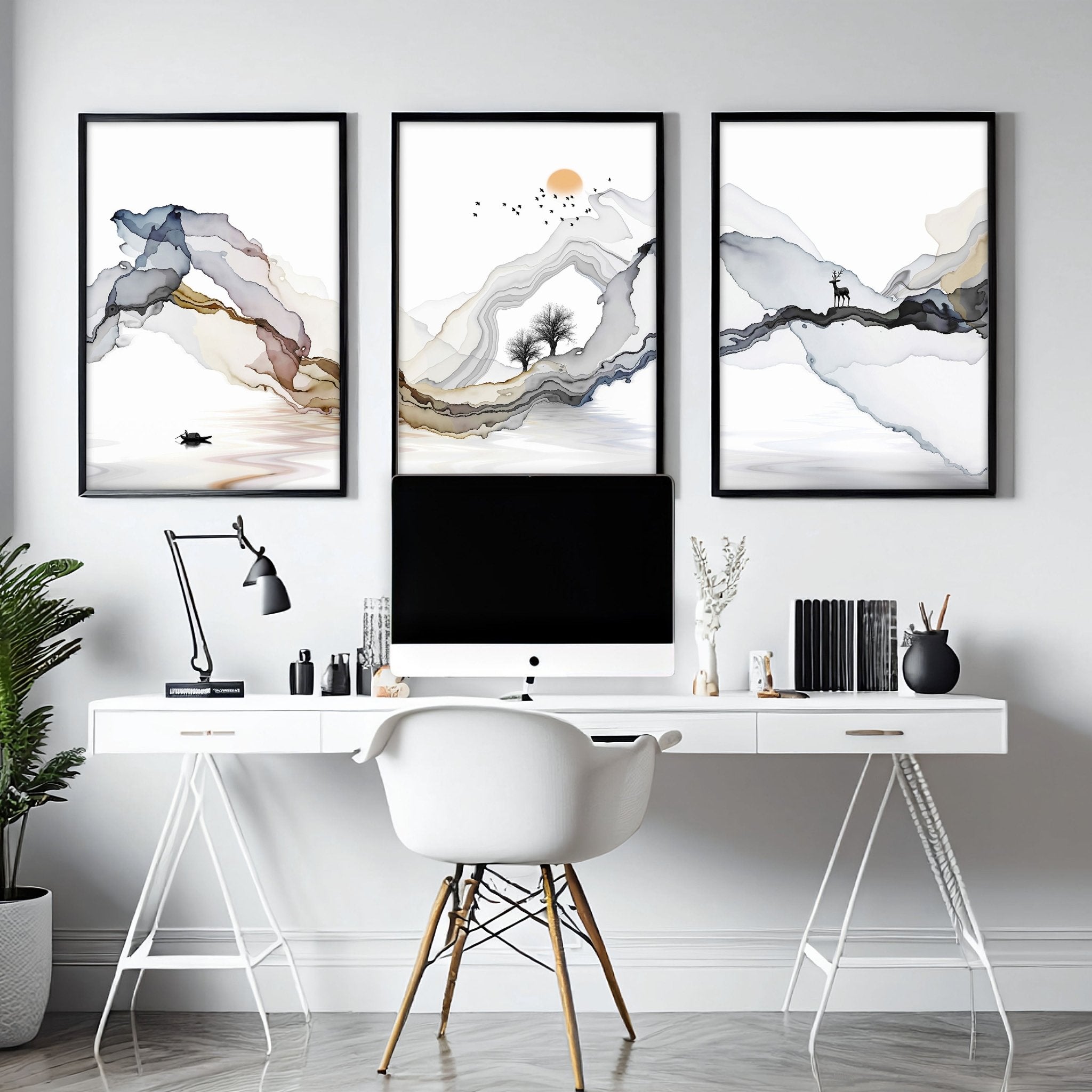 Set of 3 framed wall art prints featuring serene Japanese sunset landscapes in earthy tones and black accents, perfect for home office decor.