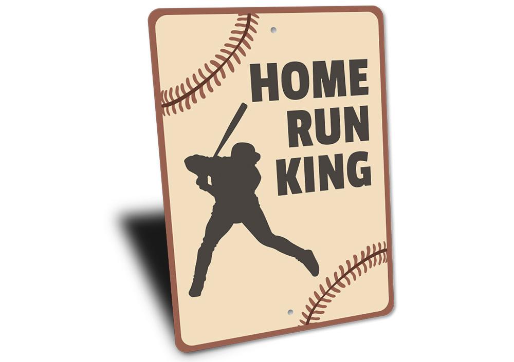 Home Run King Sign made of aluminum, featuring a bold design perfect for wall decoration in various settings.