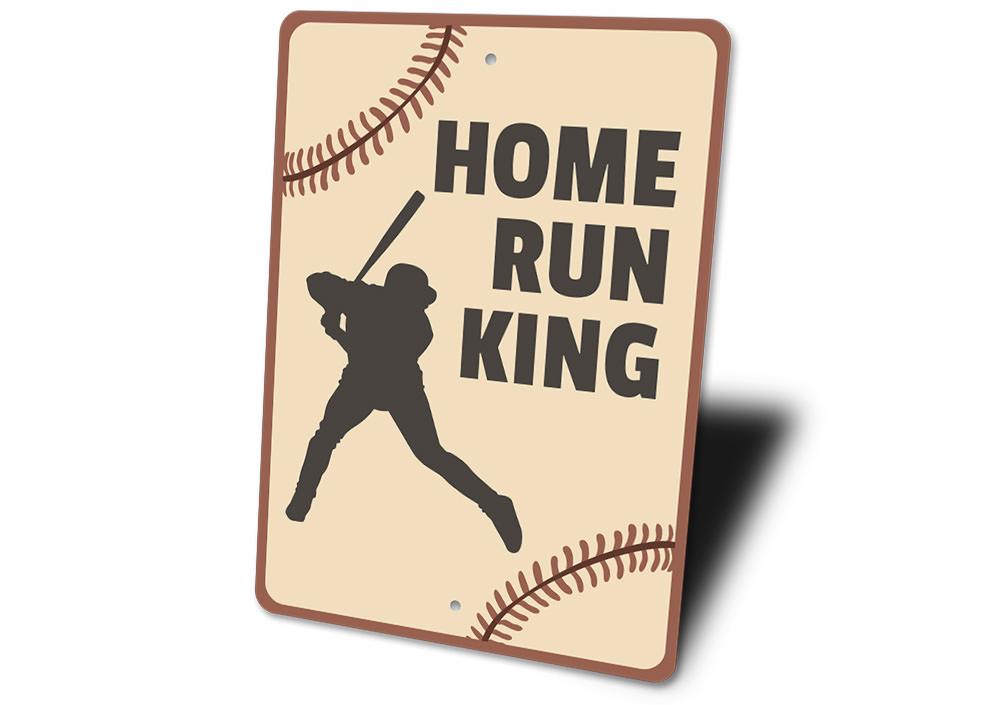 Home Run King Sign made of aluminum, featuring a bold design perfect for wall decoration in various settings.