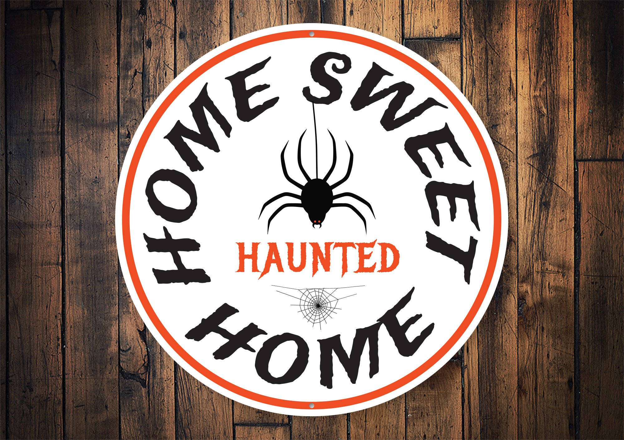 Home Sweet Haunted Home Halloween Sign made of quality metal, featuring spooky design perfect for Halloween decor.