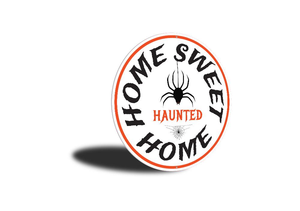 Home Sweet Haunted Home Halloween Sign made of quality metal, featuring spooky design perfect for Halloween decor.