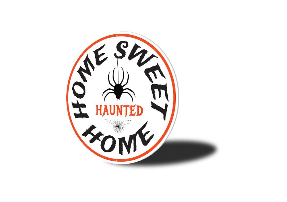 Home Sweet Haunted Home Halloween Sign made of quality metal, featuring spooky design perfect for Halloween decor.