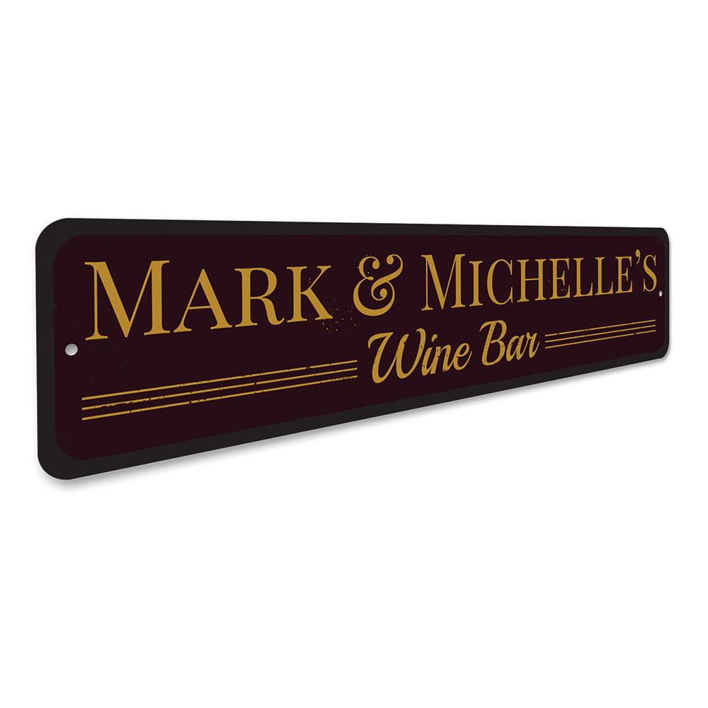 A decorative Home Wine Bar Sign made of high-quality aluminum, featuring customizable text and pre-drilled holes for easy mounting.