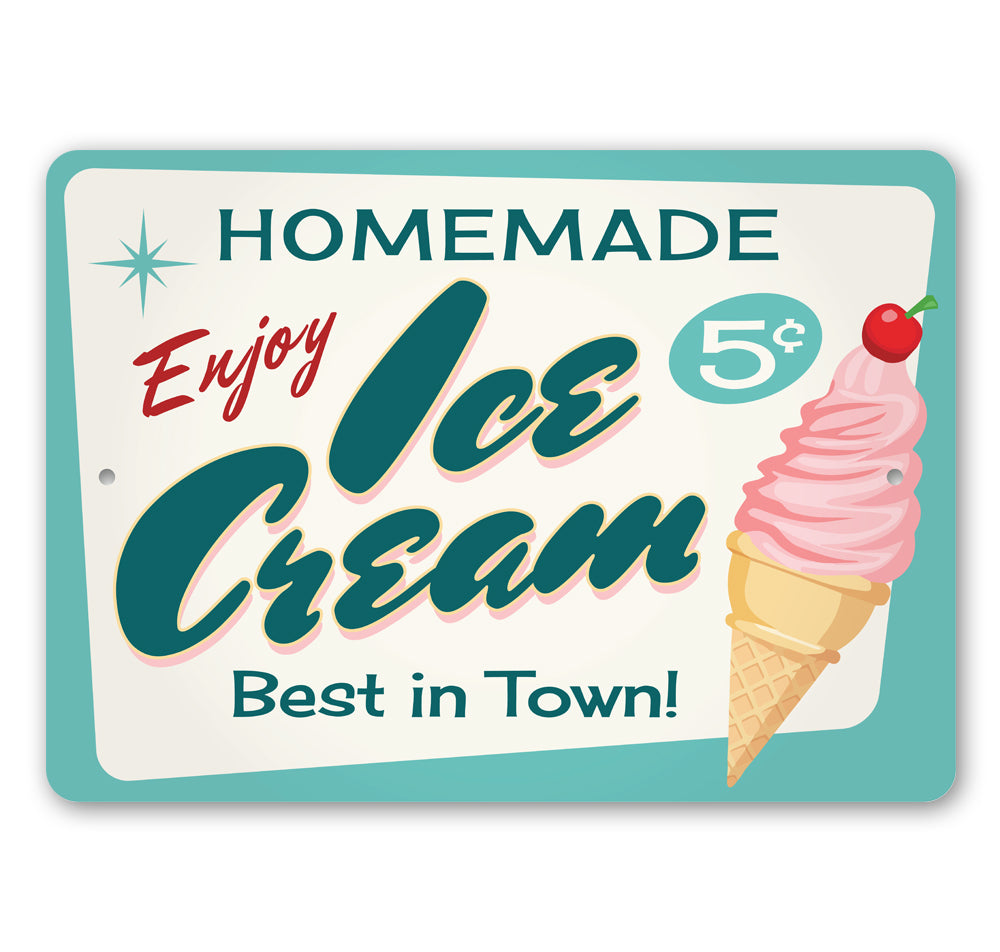 A decorative Homemade Ice Cream Sign made of aluminum, featuring vibrant colors and customizable text, perfect for home decor.