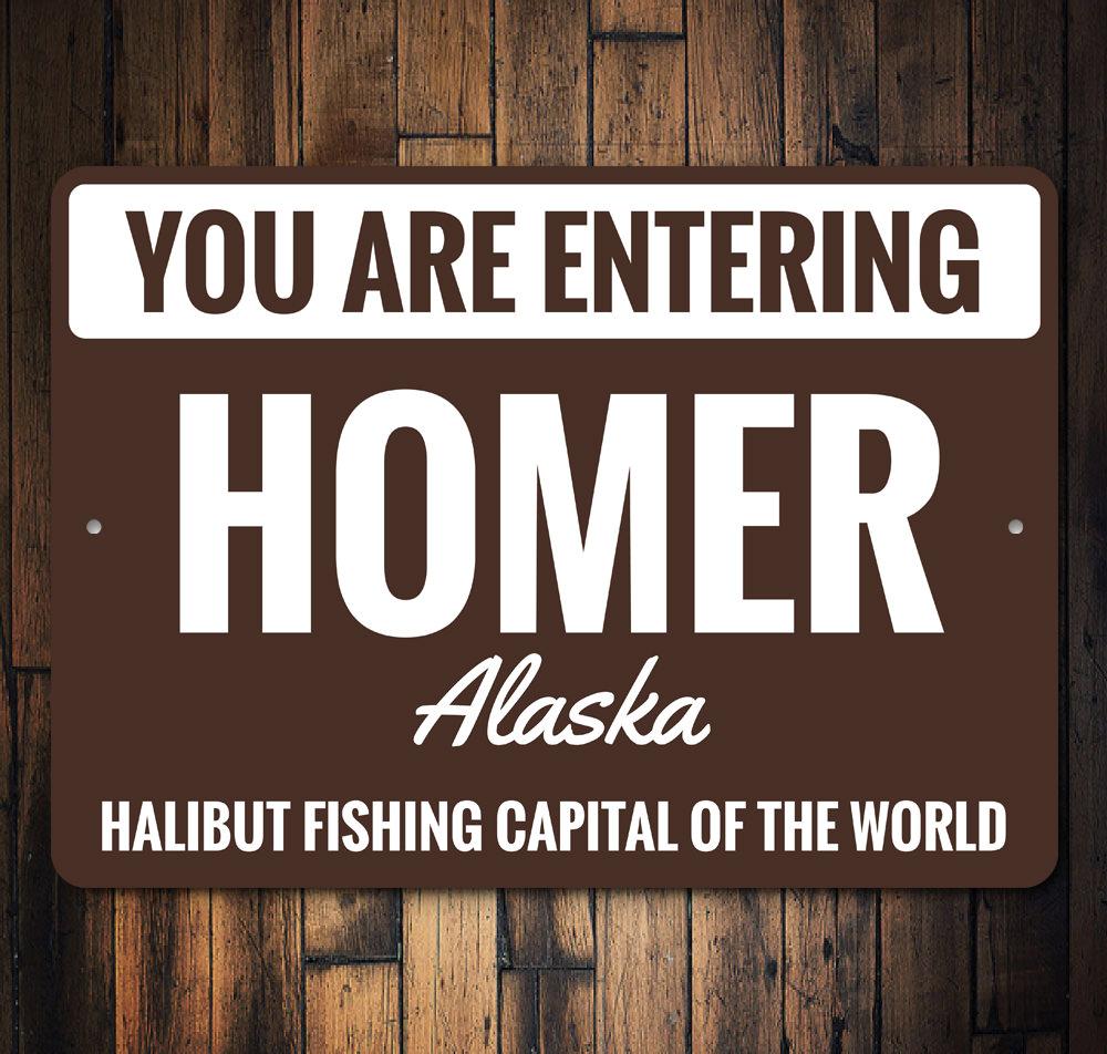 A decorative Homer Alaska sign made of aluminum, showcasing vibrant colors and customizable text options, perfect for home decor.