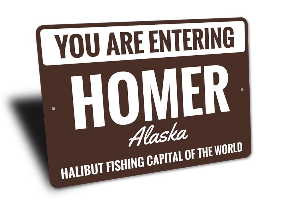 A decorative Homer Alaska sign made of aluminum, showcasing vibrant colors and customizable text options, perfect for home decor.