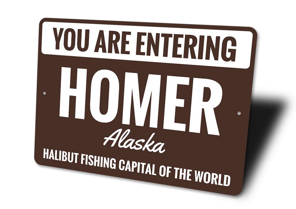 A decorative Homer Alaska sign made of aluminum, showcasing vibrant colors and customizable text options, perfect for home decor.