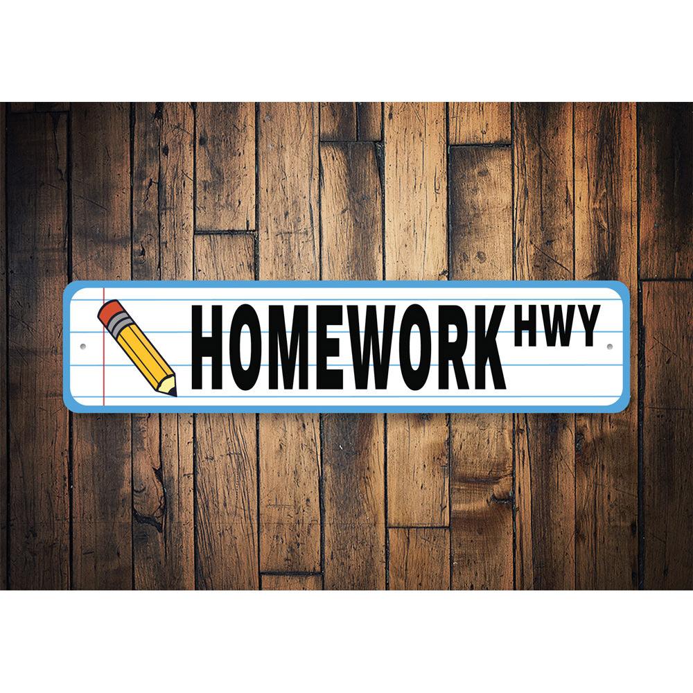 Customizable Homework Sign made from durable aluminum, featuring pre-drilled holes for easy mounting, perfect for home decor.