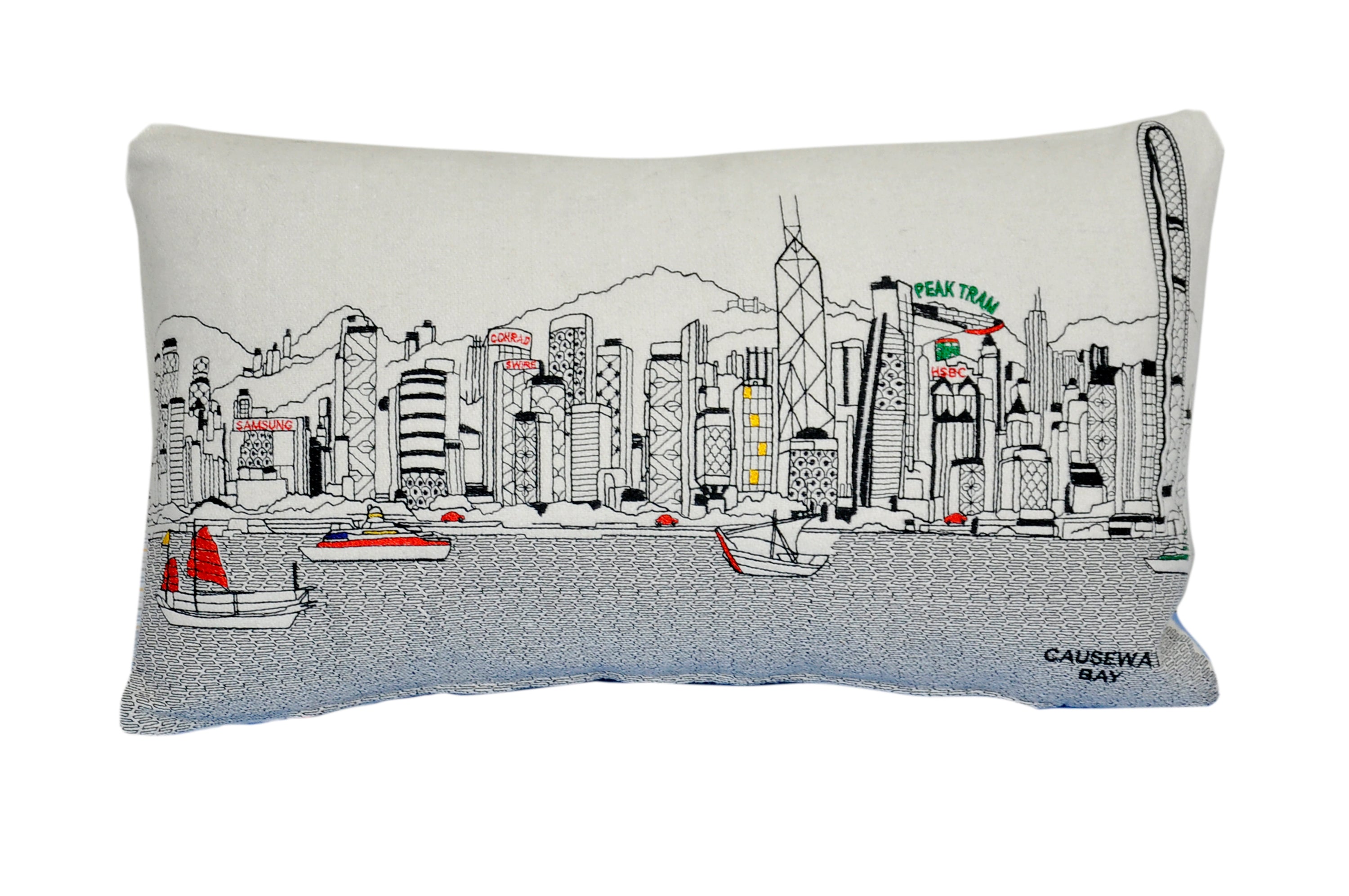 Decorative pillow featuring the iconic skyline of Hong Kong with vibrant colors and details.