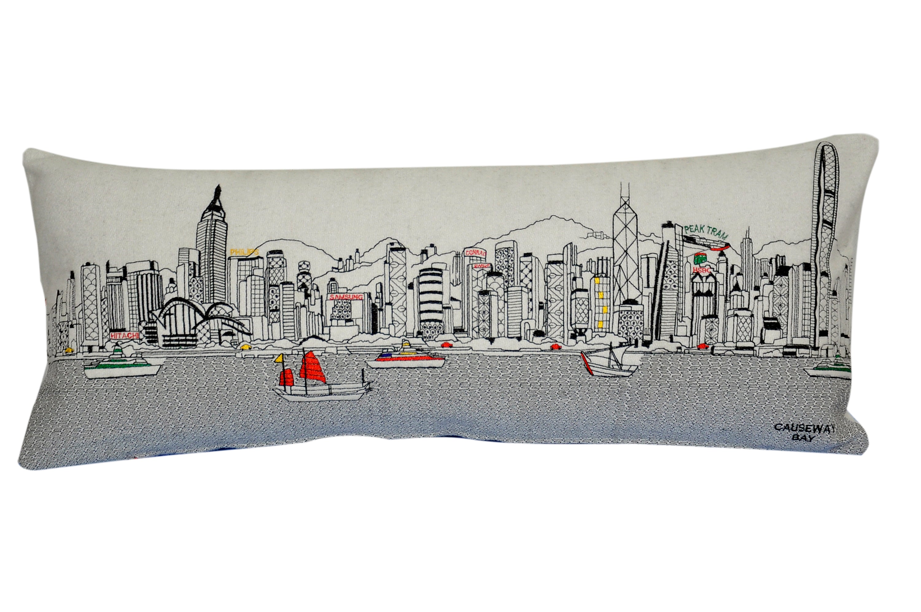 Decorative pillow featuring the iconic skyline of Hong Kong with vibrant colors and details.